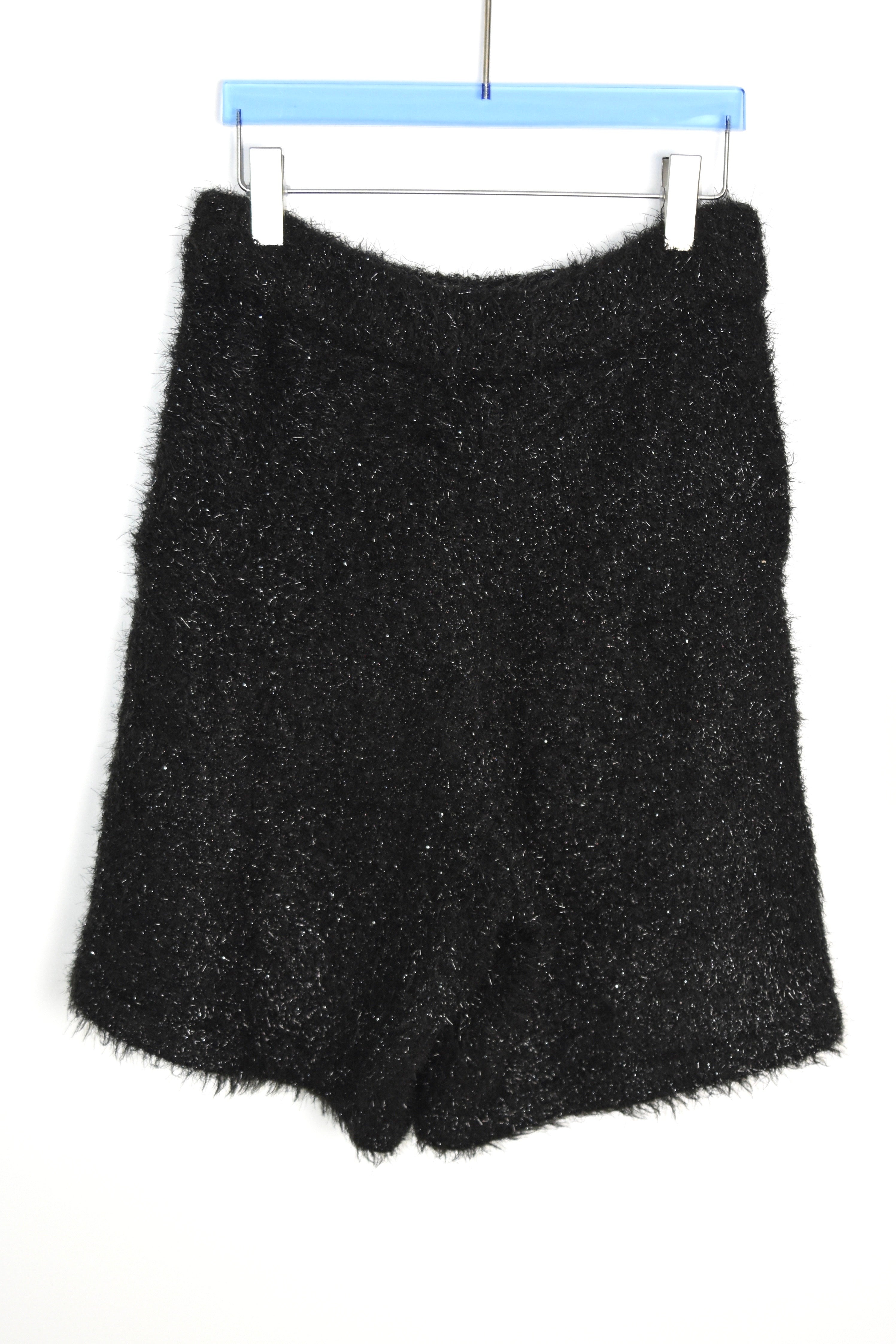 Independent Designer Black Fuzzy Knit Shorts – Genderless Elastic Drawstring Fit