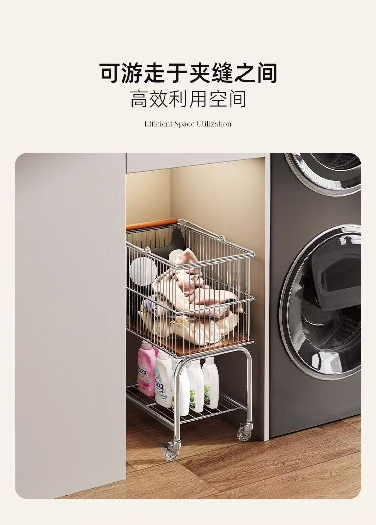 Vintage Style Double-Layer Mobile Laundry Basket for Home Bathroom Clothes Storage Bin High-Value Light Luxury Storage Rack