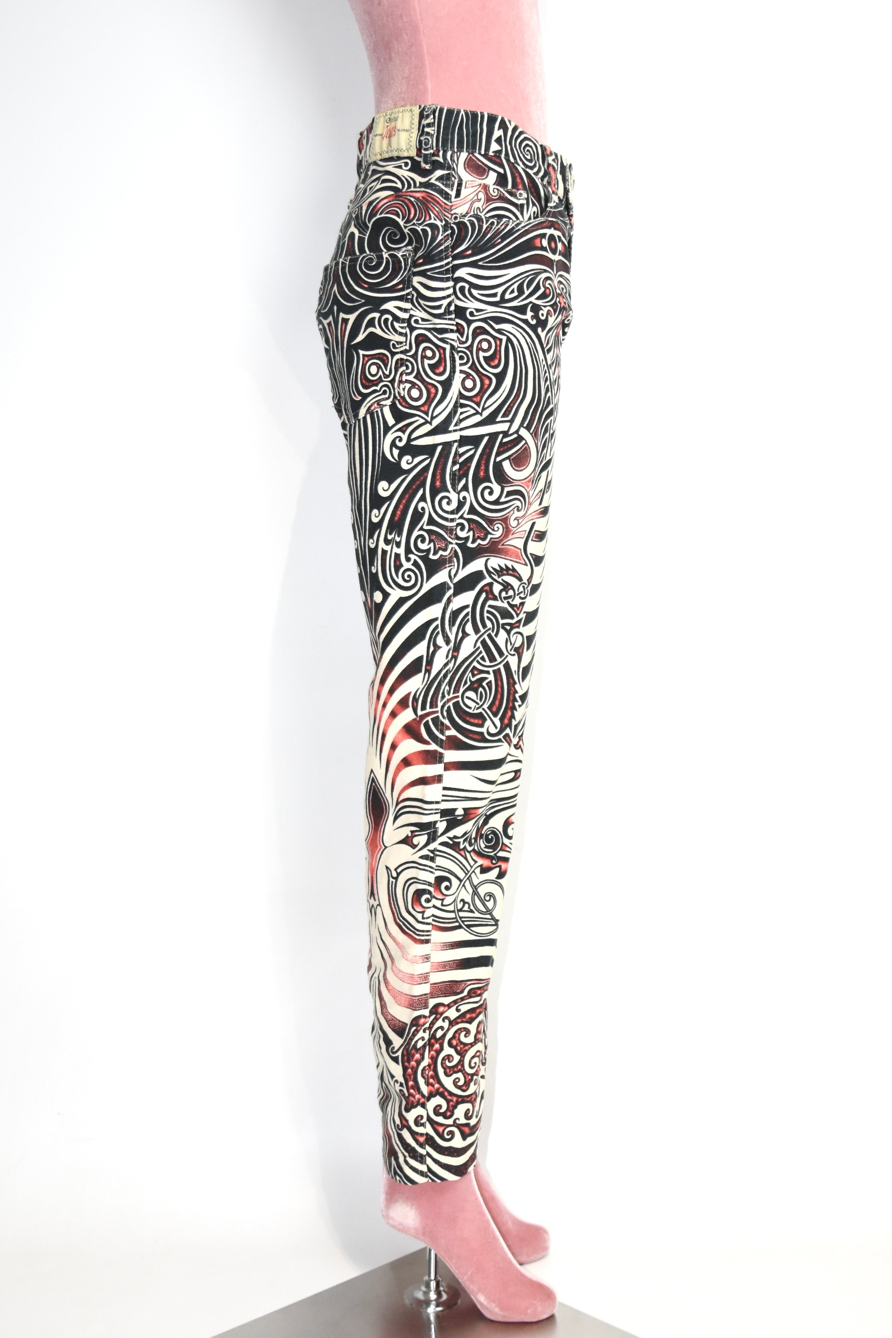 Jean Paul Gaultier Jeans Tribal Print Flared Trousers (Gothic Tattoo Swirl in Black–Red–Ivory)
