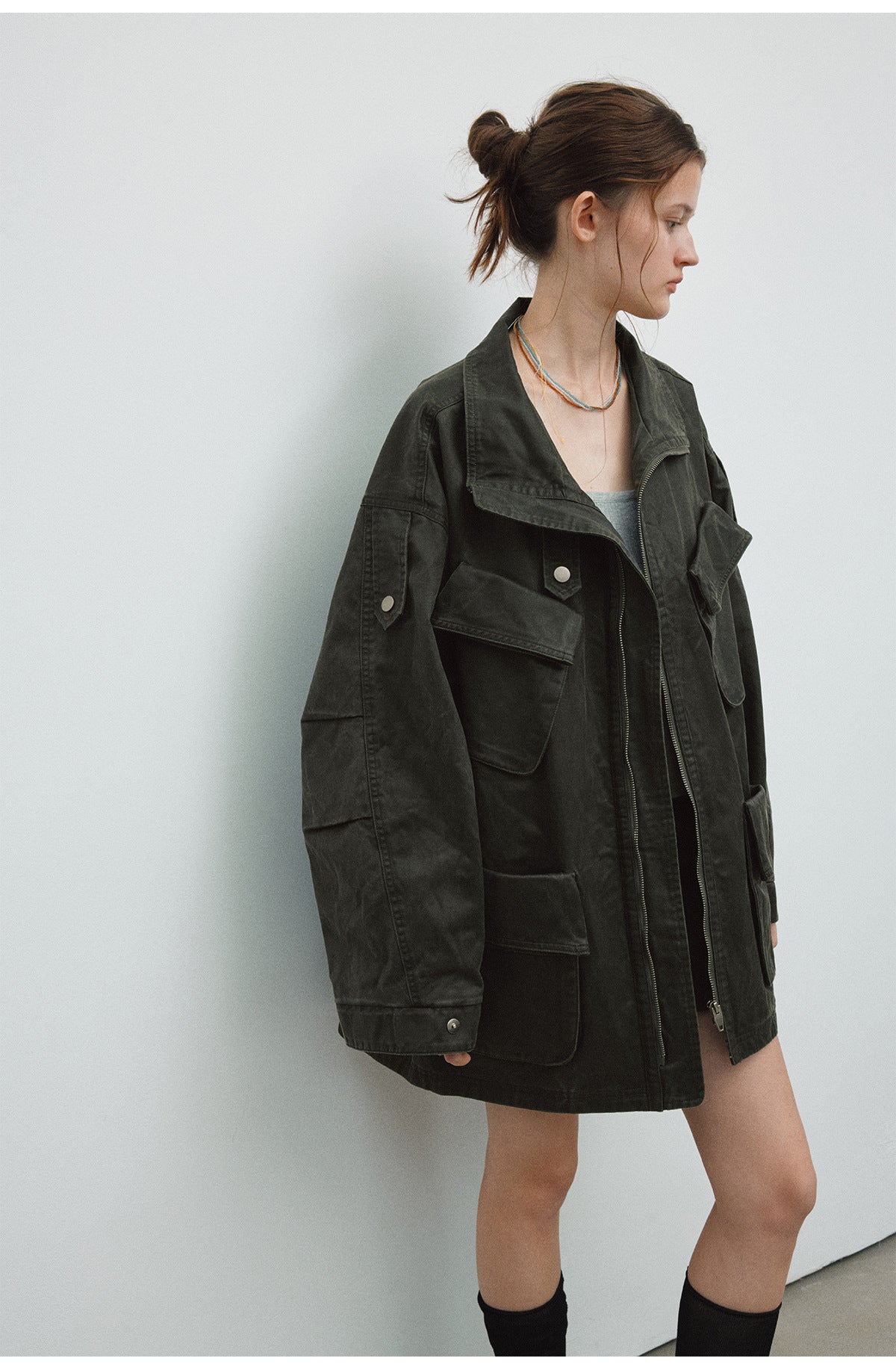 Spring New Casual Turn-Down Collar Vintage Distressed Multi-Pocket Versatile Long Jacket Coat