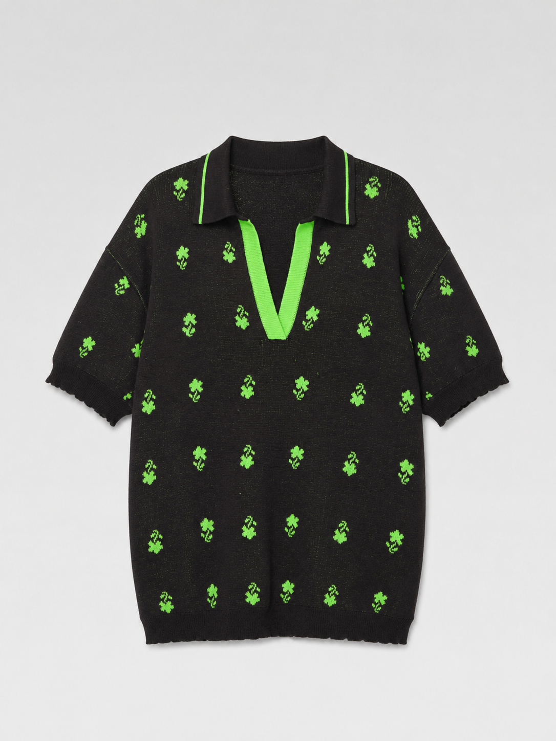 SKARULE Green Floral Jacquard Knit Polo Shirt