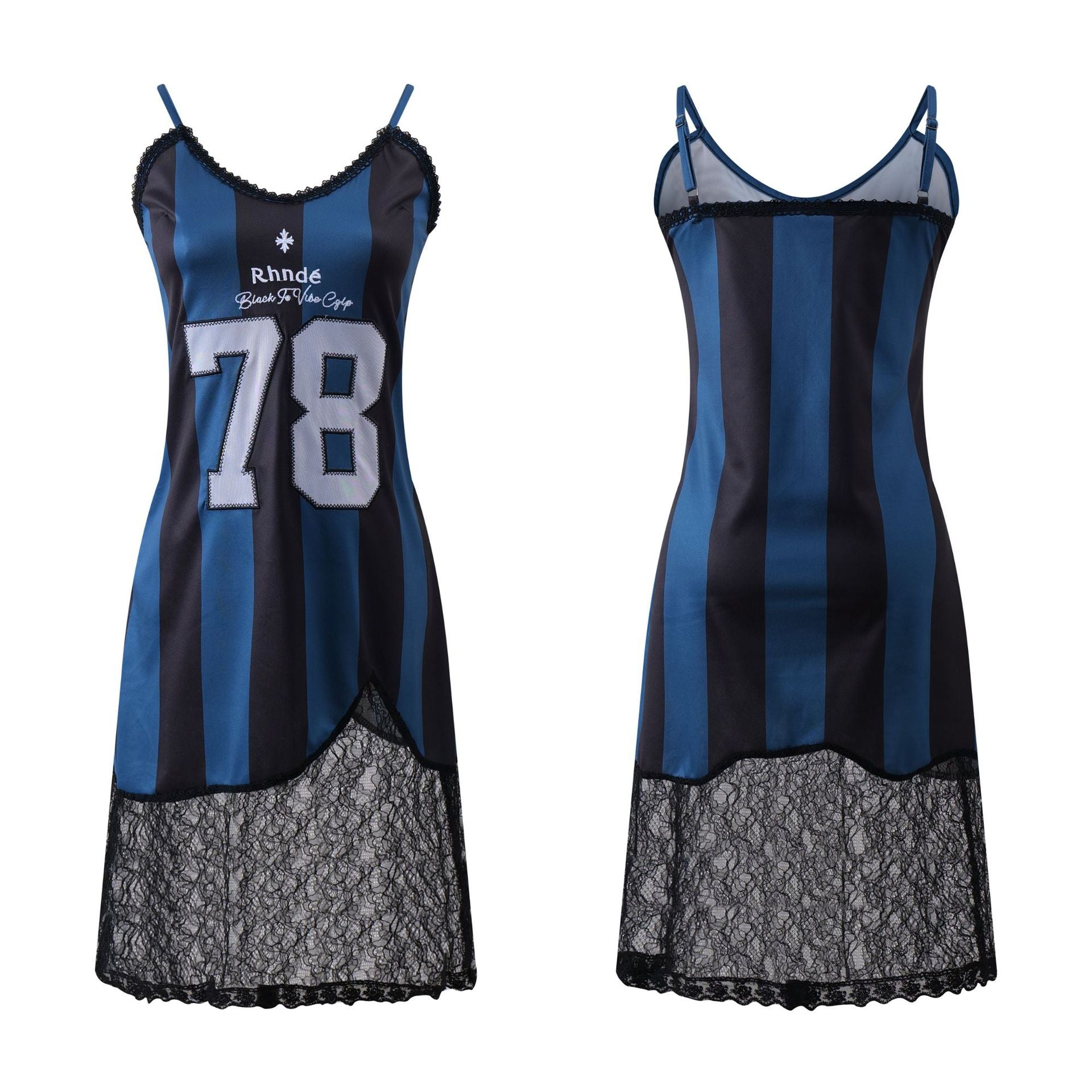 No.78 Blue Striped Lace Edge Jersey Football Style Strap Dress