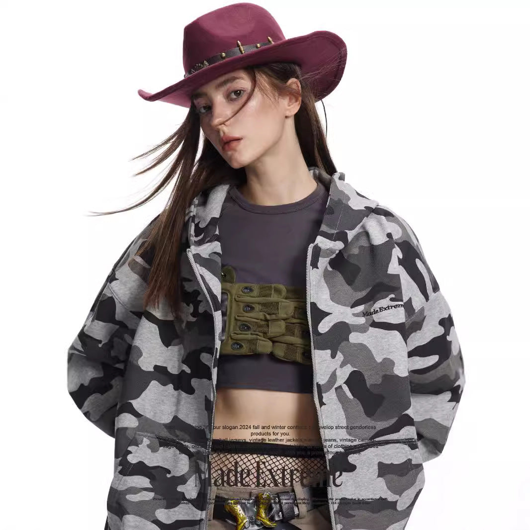 Grey Camouflage Loose Hooded Sweatshirt Autumn Jacket for Men and Women