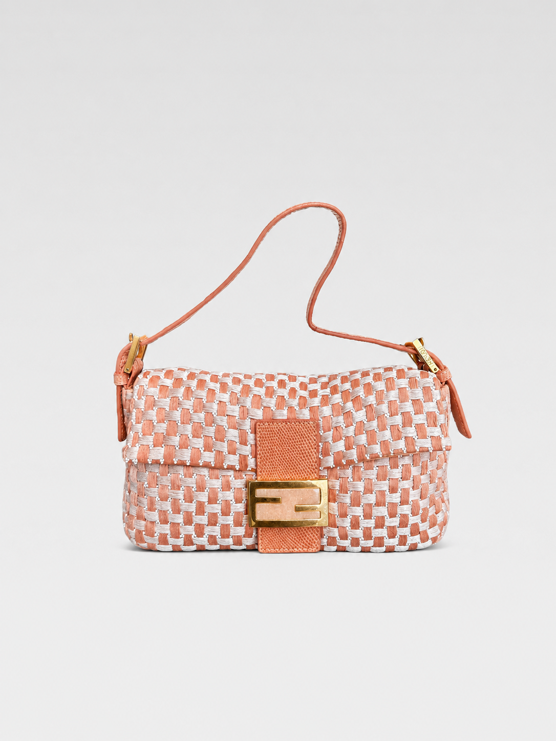Fendi Vintage Woven Baguette Bag Orange Raffia Leather FF Logo Shoulder Bag Rare Piece