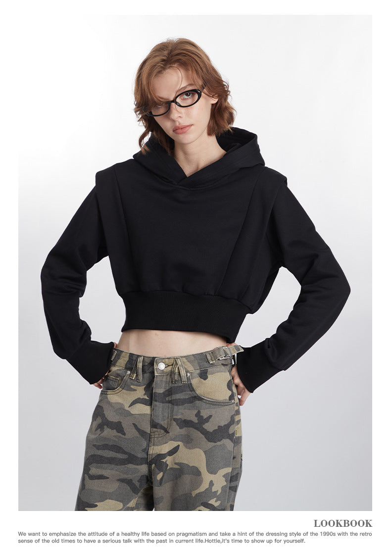 Black and Grey Cotton Poll Over Crop Hoodie Women's