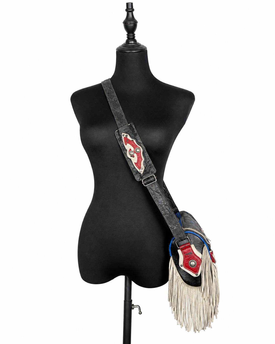 Diesel Vintage Y2K “Spare Parts” Fringe Shoulder Bag – Rare Black Graphic Leather Crossbody Bag