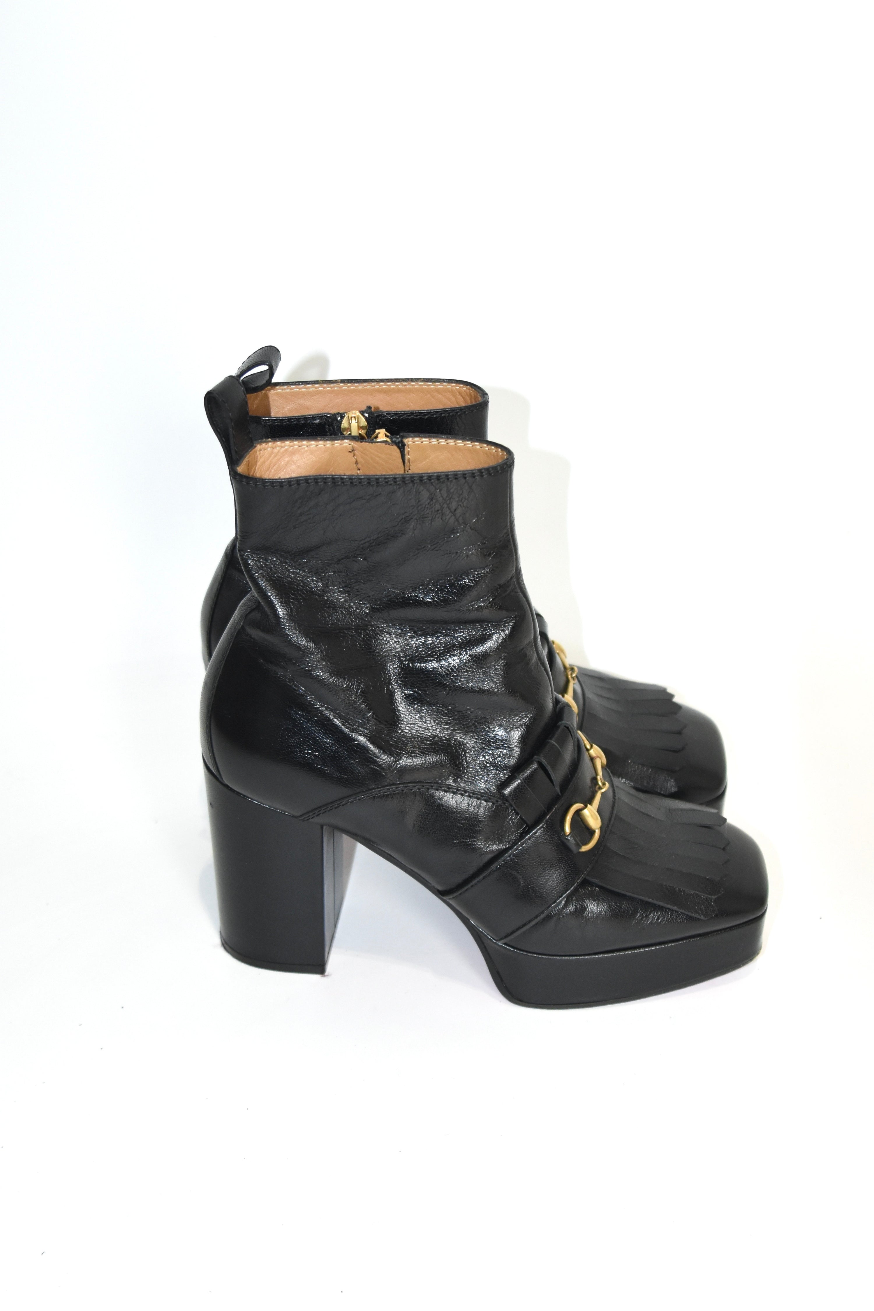 GUCCI Black Leather Platform Fringe Horsebit Boots