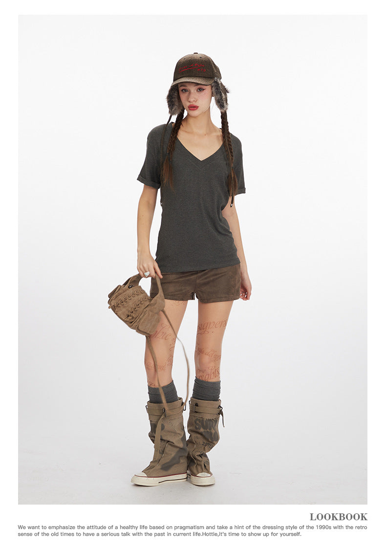 Simple Hot Girl Slimming Solid Color Top Slim Fit V Versatile Basic Short Sleeve Shirt T Women's T-shirt