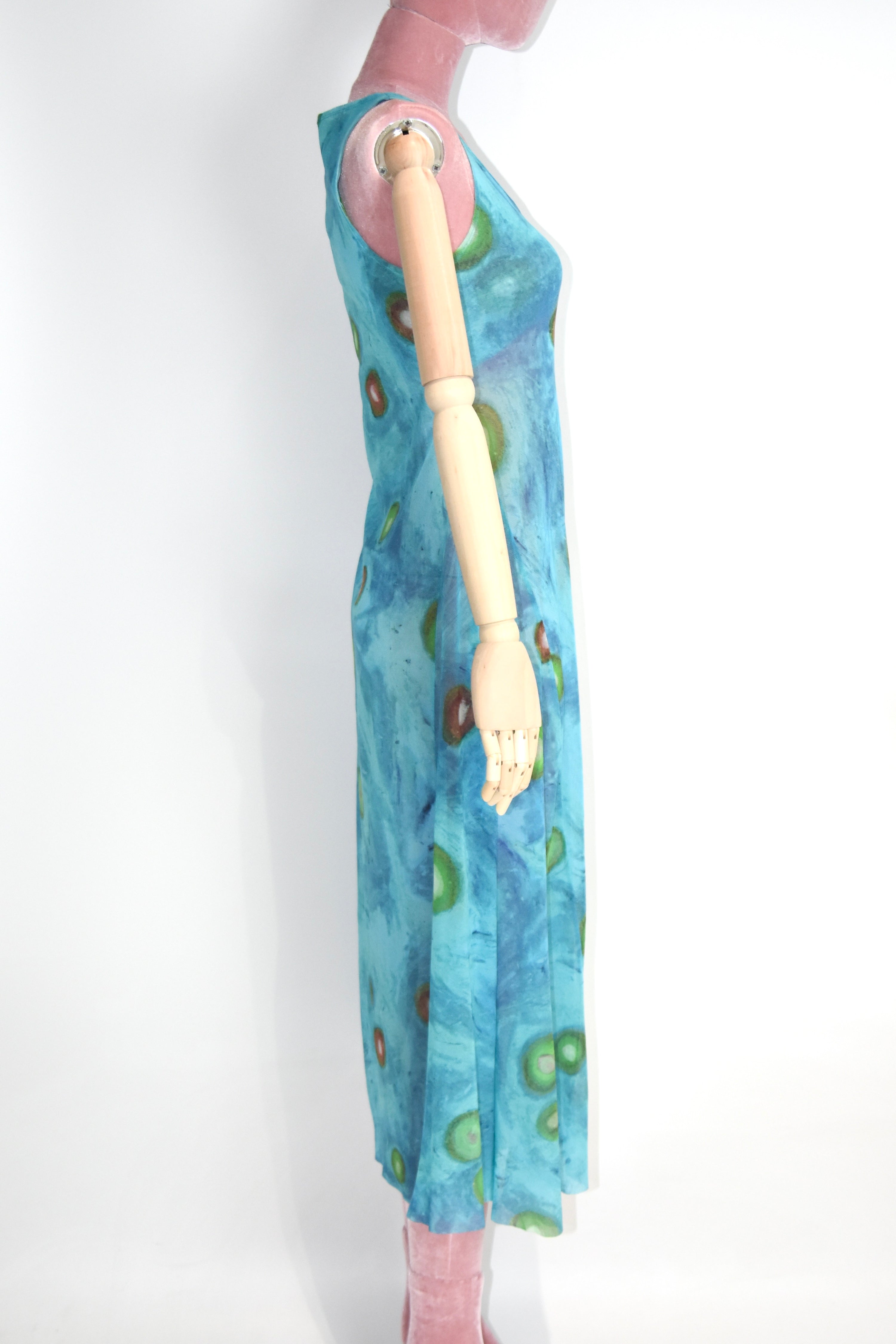 ISSEY MIYAKE Vintage Stretch Mesh Printed Tank Maxi Dress – Water Abstract Motif (Fits Women S–M)