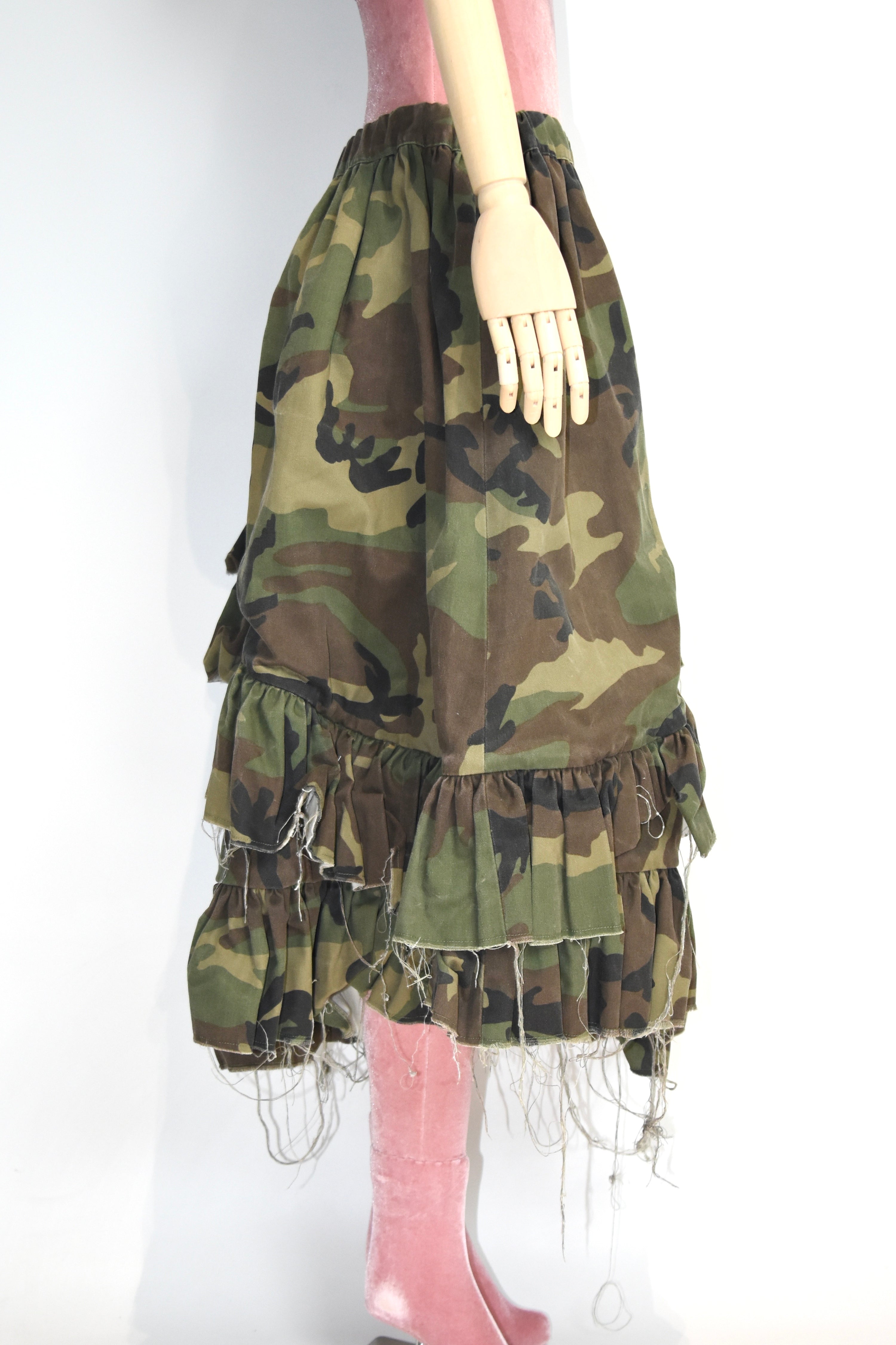 Vaquera Camouflage Ruffle Deconstructed Skirt – Asymmetric Frayed Hem, Made in USA, Elastic Waist (Fits S–M)