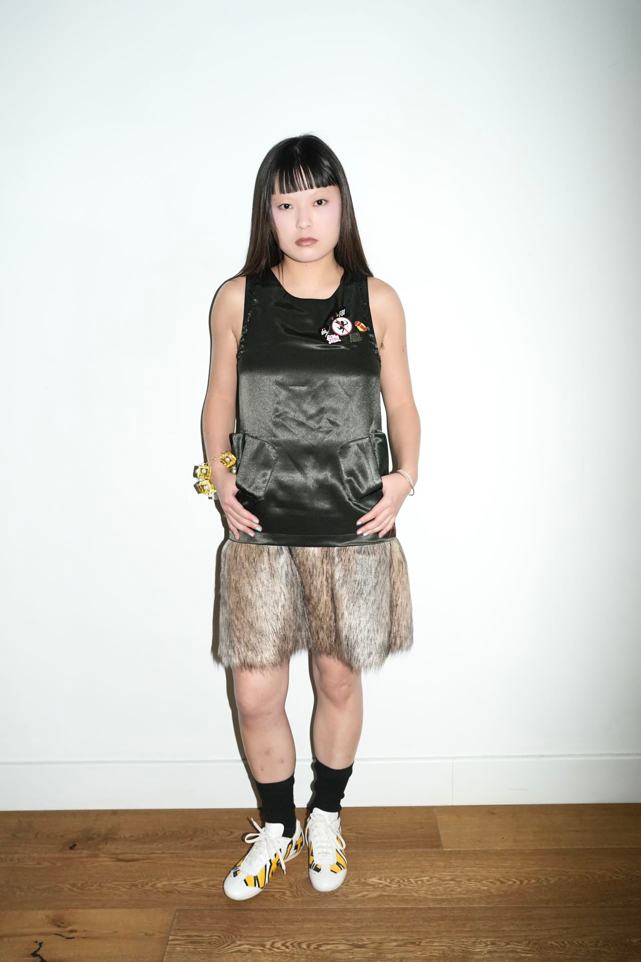 YAONOVA Embellished Satin & Faux Fur Dress
