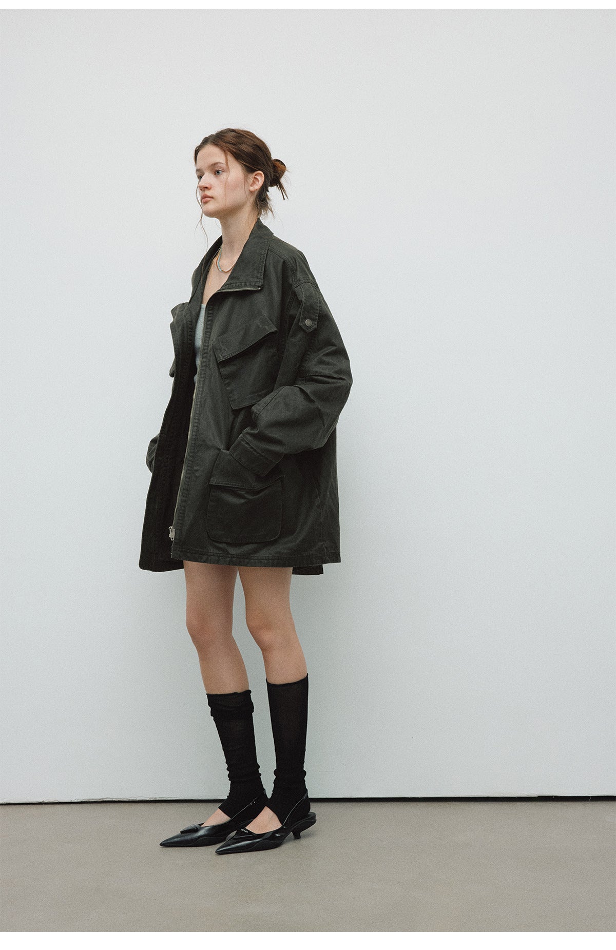 Spring New Casual Turn-Down Collar Vintage Distressed Multi-Pocket Versatile Long Jacket Coat