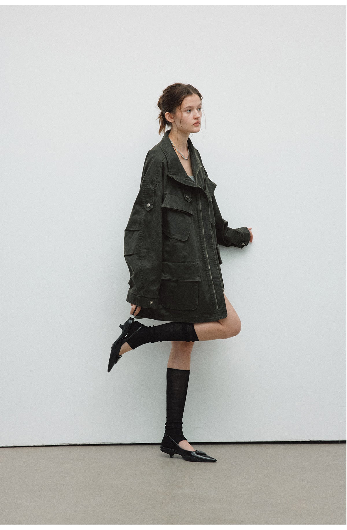 Spring New Casual Turn-Down Collar Vintage Distressed Multi-Pocket Versatile Long Jacket Coat
