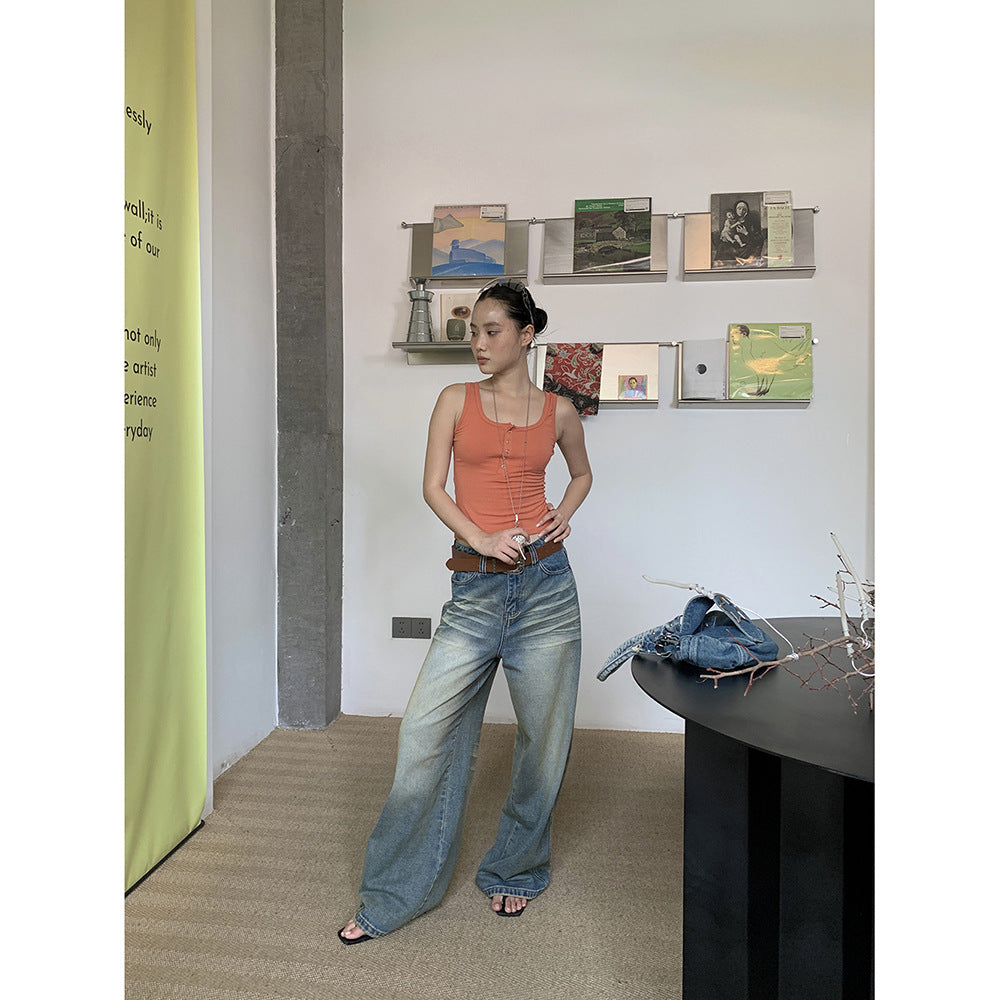 Unique distressed jeans for women loose wide-leg pants(with Belt)