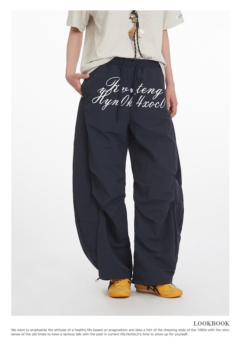 Men's Letter Print Pleated Casual Pants Women's Trendy Loose Cargo Wide-Leg Scimitar Pants