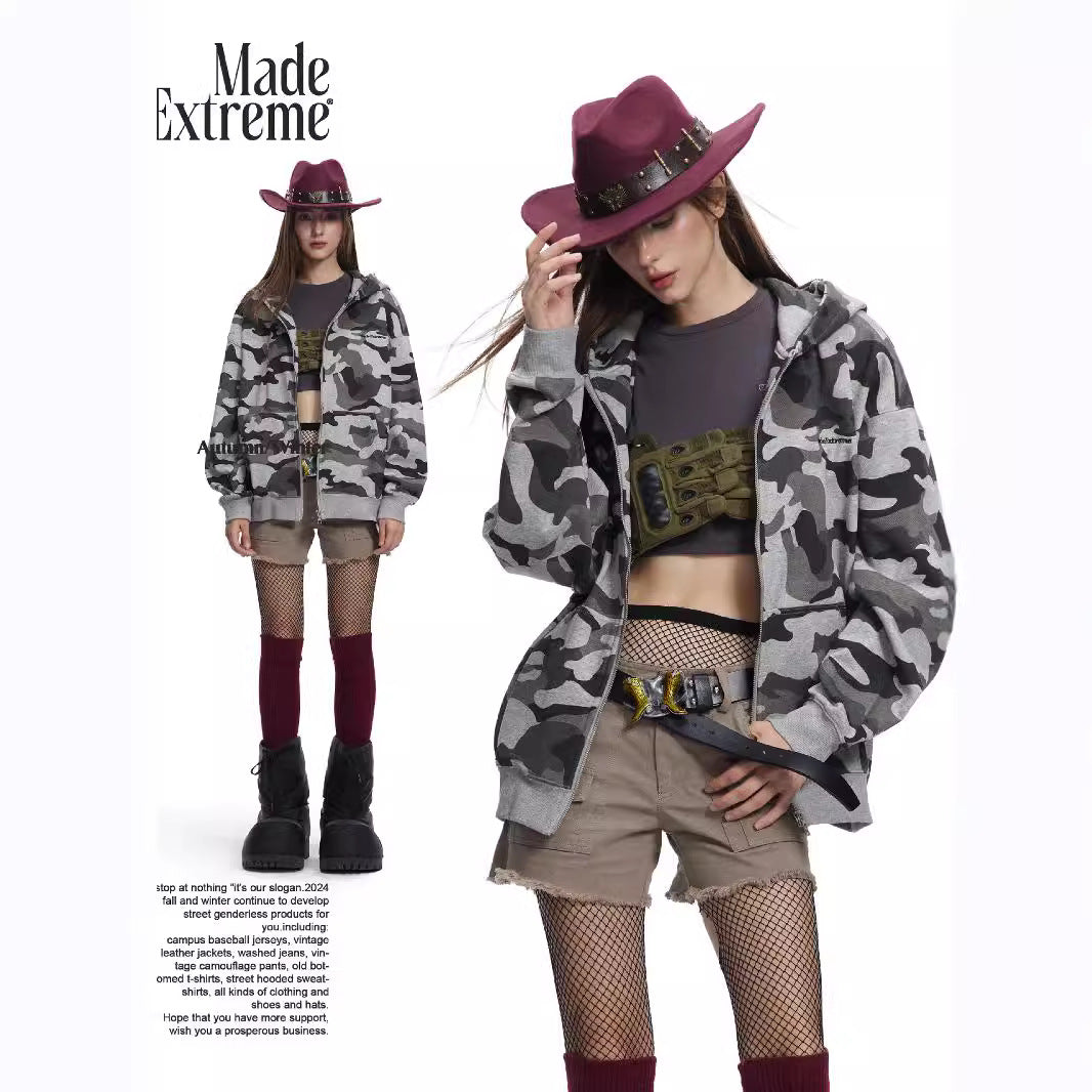 Grey Camouflage Loose Hooded Sweatshirt Autumn Jacket for Men and Women