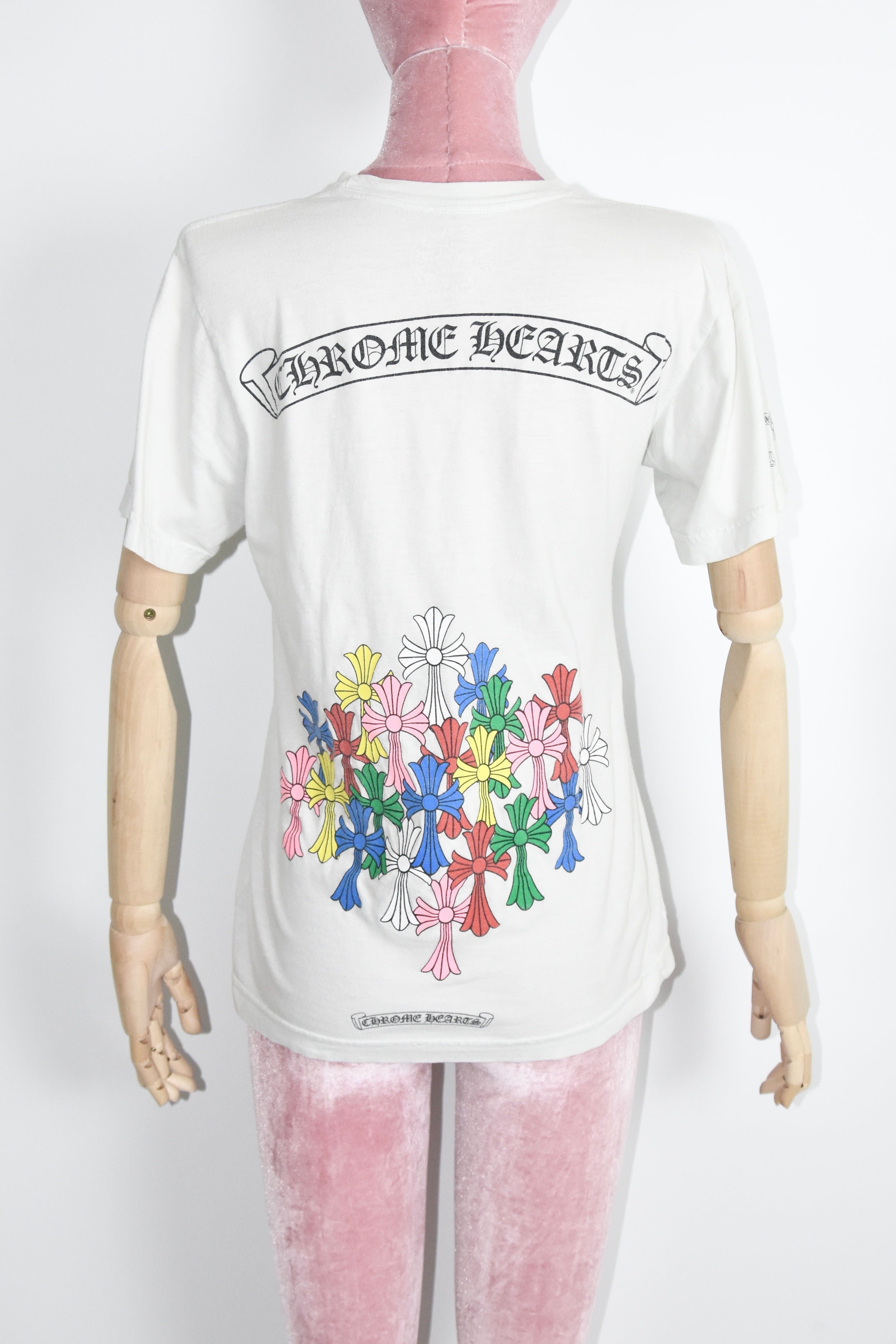 Chrome Hearts Cross Cluster Graphic T-Shirt – White Cotton Pocket Tee with Multicolor Cross Print