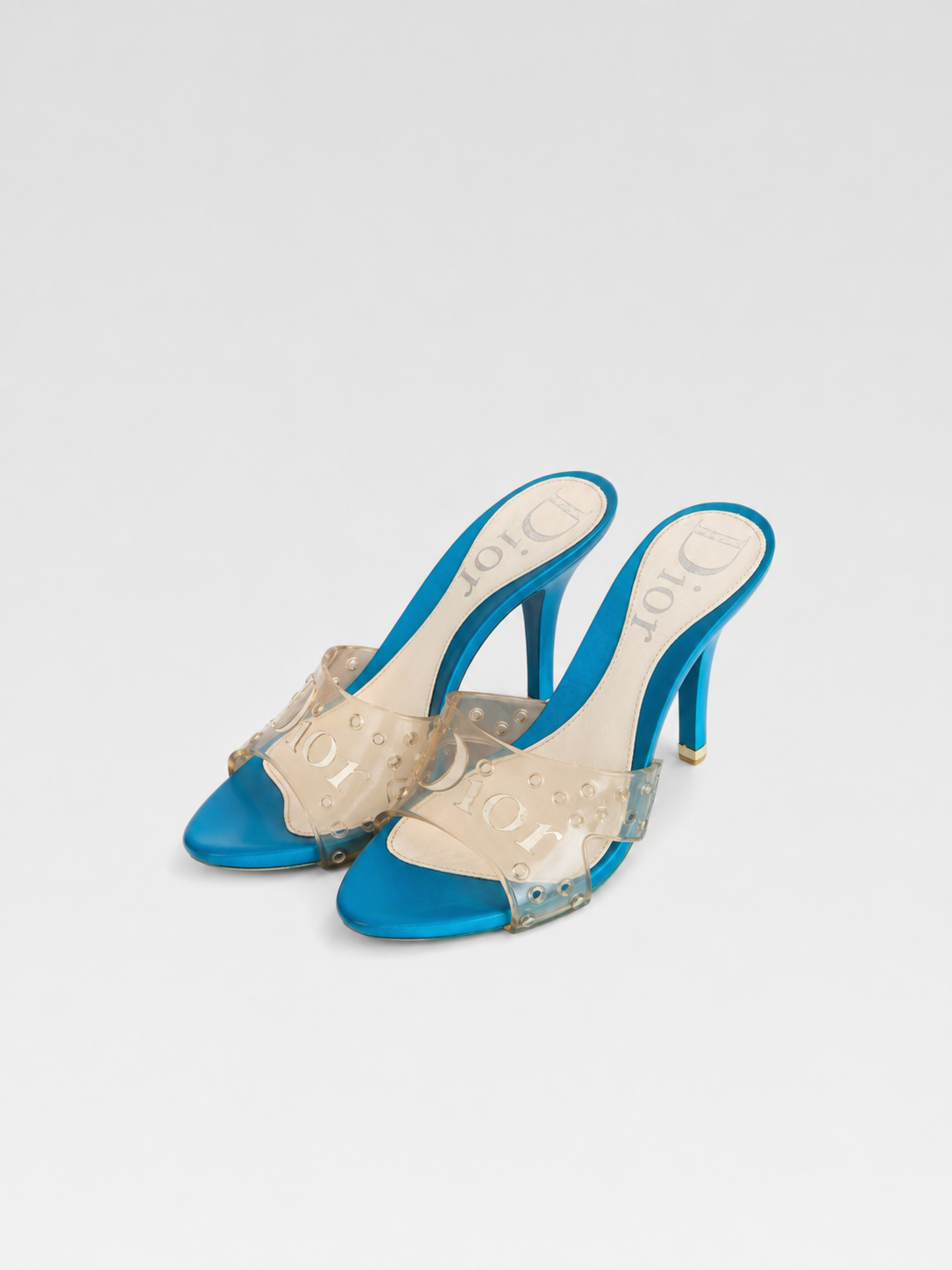 Christian Dior by John Galliano Blue Jelly Logo Mule Heels – Y2K Transparent Dior Sandals