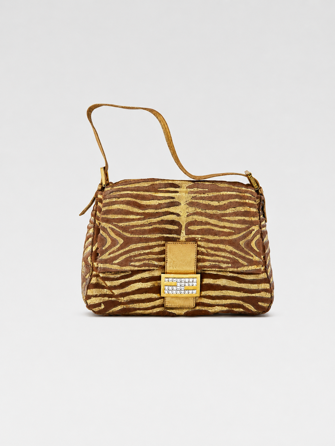 Fendi Rare Gold Zebra Pony Hair Crystal Baguette Shoulder Bag
