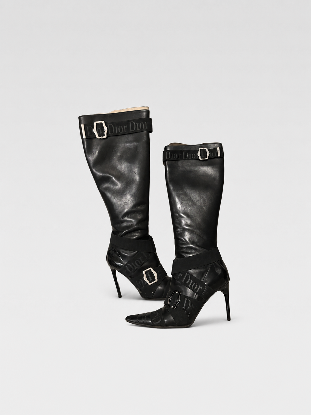 Christian Dior by John Galliano Black Logo Strap Punk Knee-High Stiletto Boots Pointed Toe Vintage Archive