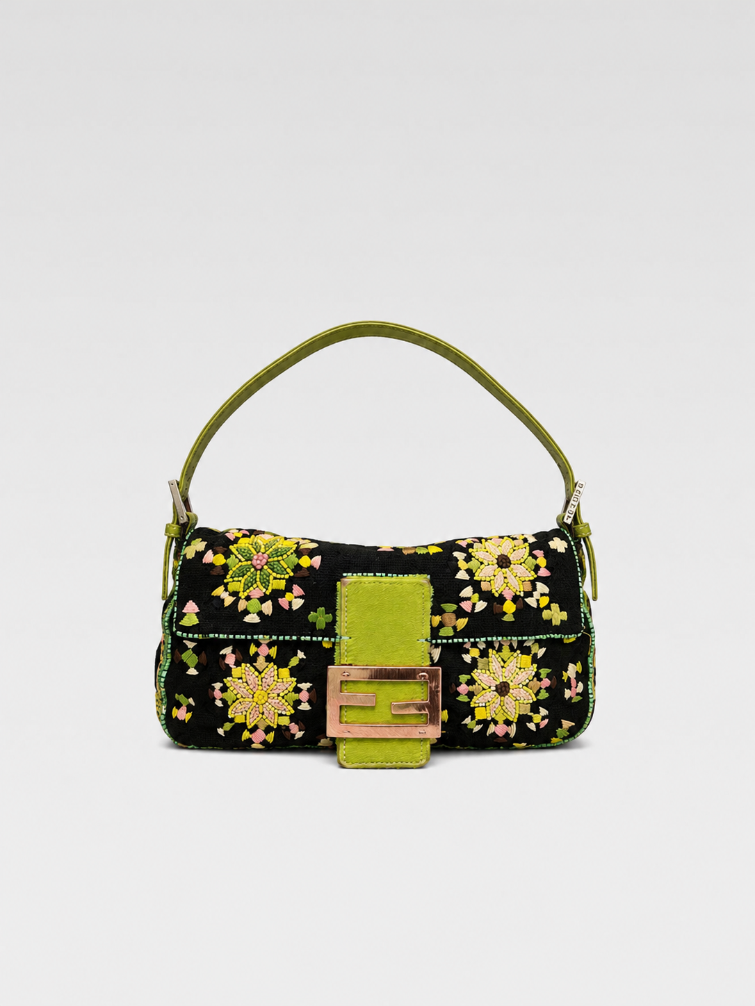 Fendi Floral Embroidered Pony Hair Baguette Bag – Rare Limited Edition Green Accent Piece