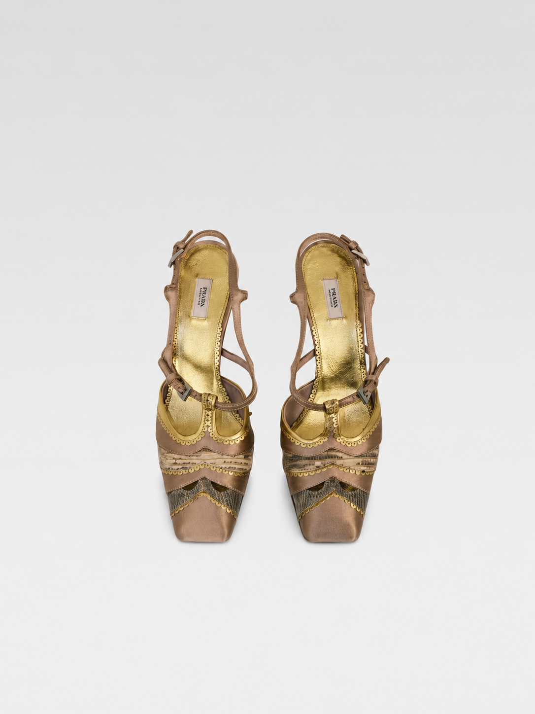 Prada Champagne Satin Leather Patchwork Square Toe Sandals Sculptural Heel Vintage Rare T-Bar Heels