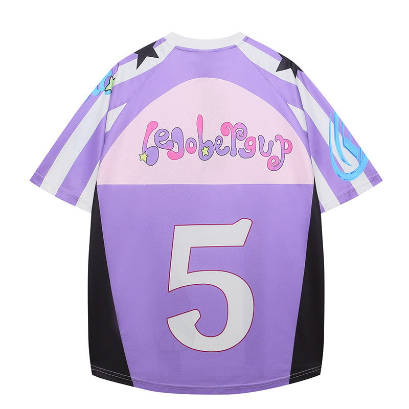 Y2K Cute Football Print Pink and Purple Mesh Breathable Short Sleeve T-shirt