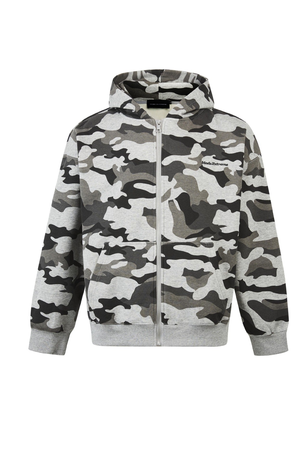 Grey Camouflage Loose Hooded Sweatshirt Autumn Jacket for Men and Women