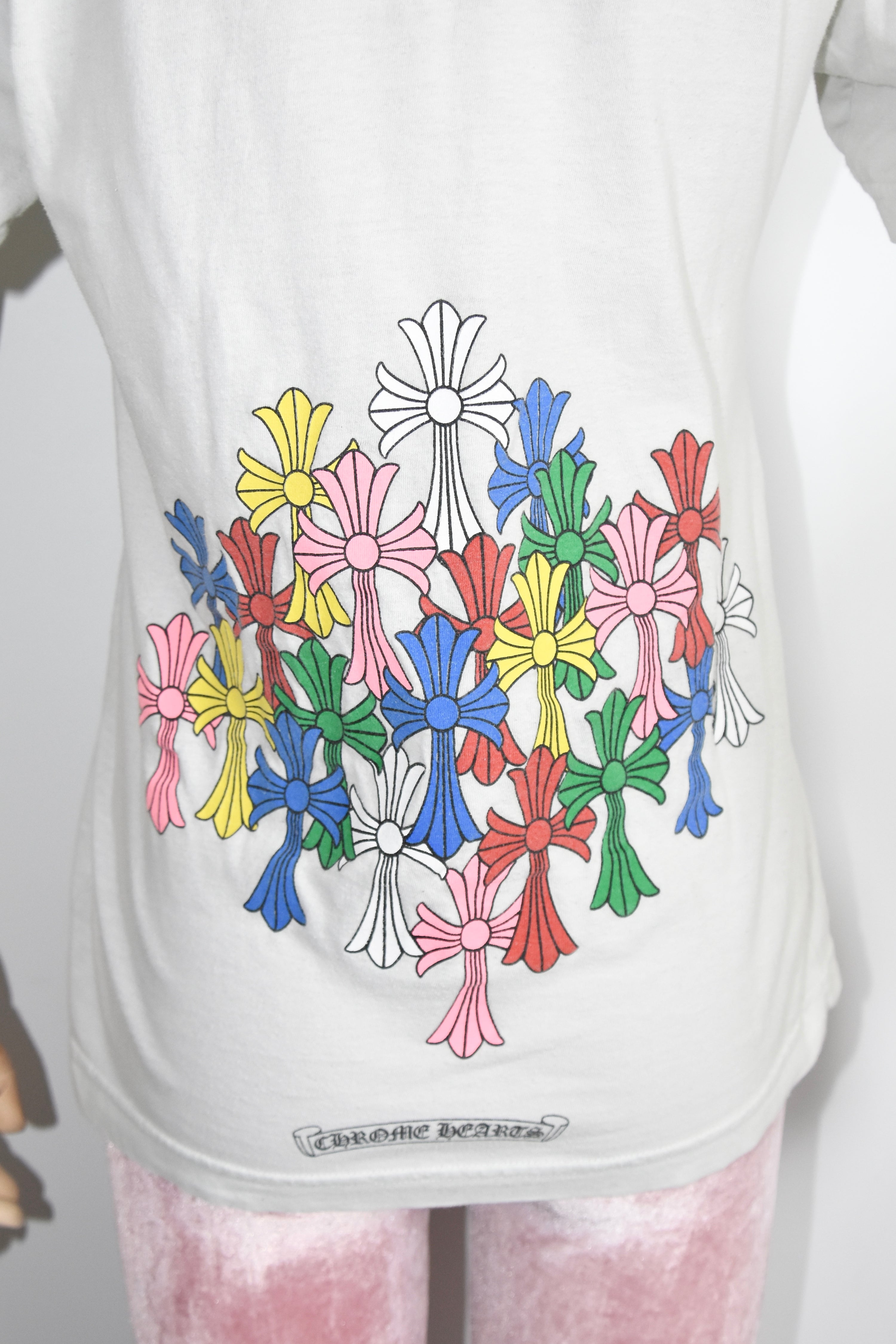 Chrome Hearts Cross Cluster Graphic T-Shirt – White Cotton Pocket Tee with Multicolor Cross Print