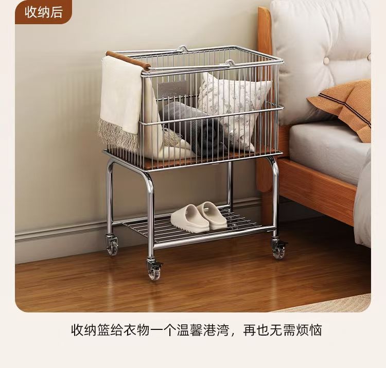 Vintage Style Double-Layer Mobile Laundry Basket for Home Bathroom Clothes Storage Bin High-Value Light Luxury Storage Rack