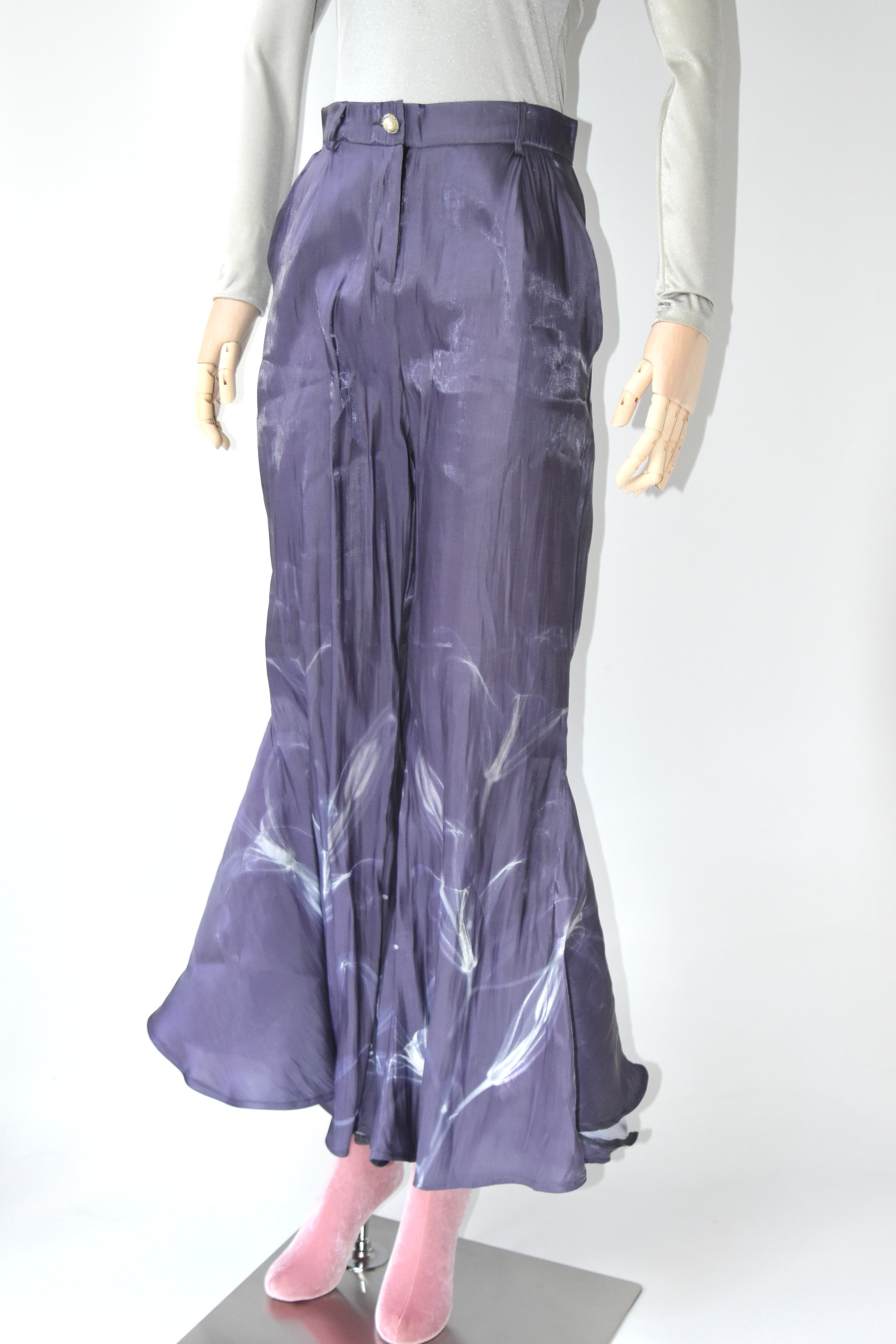 1200AM Purple Silk Lightning Print Flared Wide-Leg Trousers – Elastic Waist Statement Piece