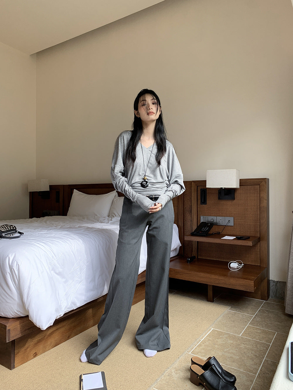 Pleated Suit Pants for Women Spring and Summer Low Waist Slightly Flared Casual Pants