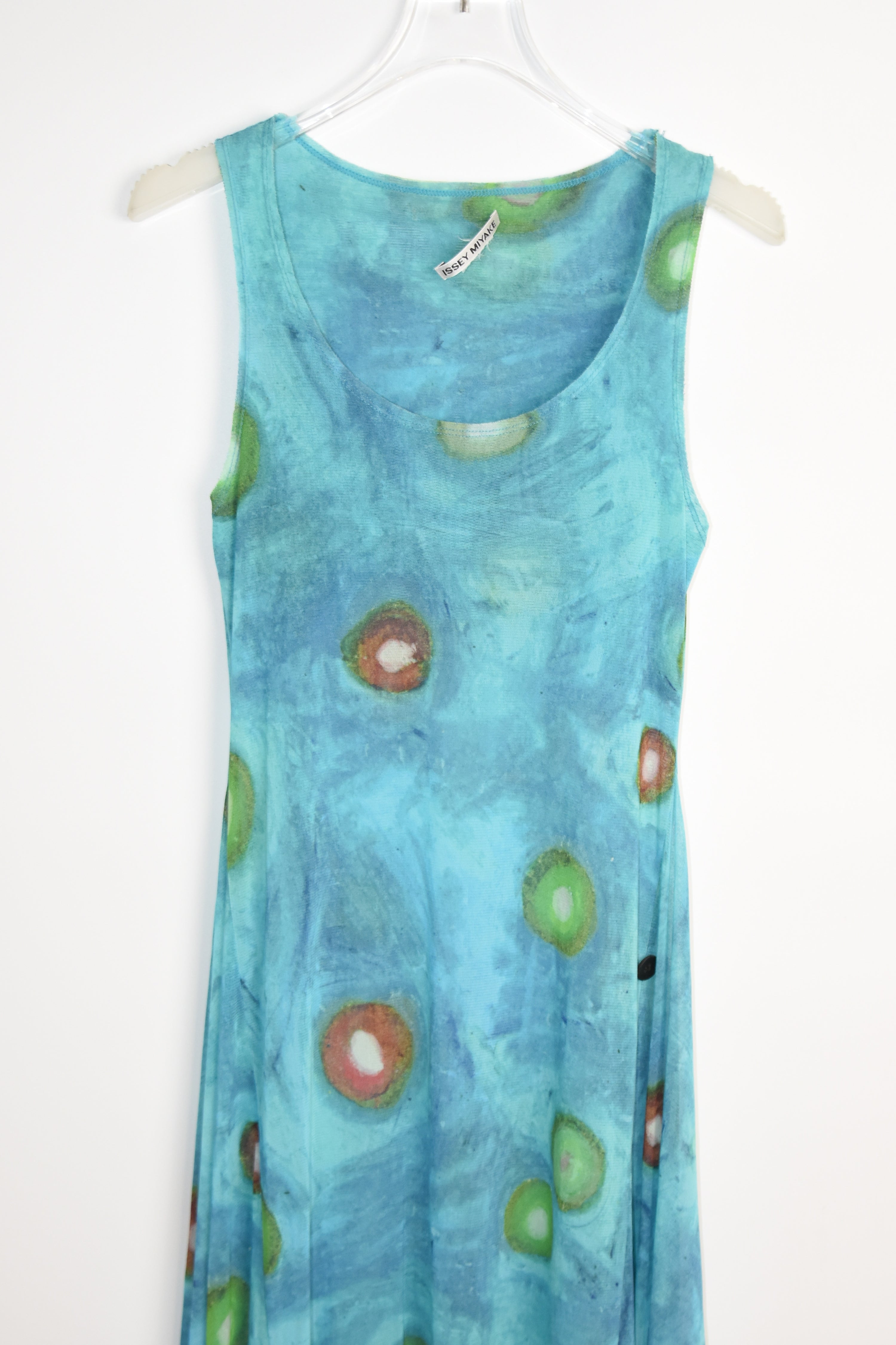 ISSEY MIYAKE Vintage Stretch Mesh Printed Tank Maxi Dress – Water Abstract Motif (Fits Women S–M)