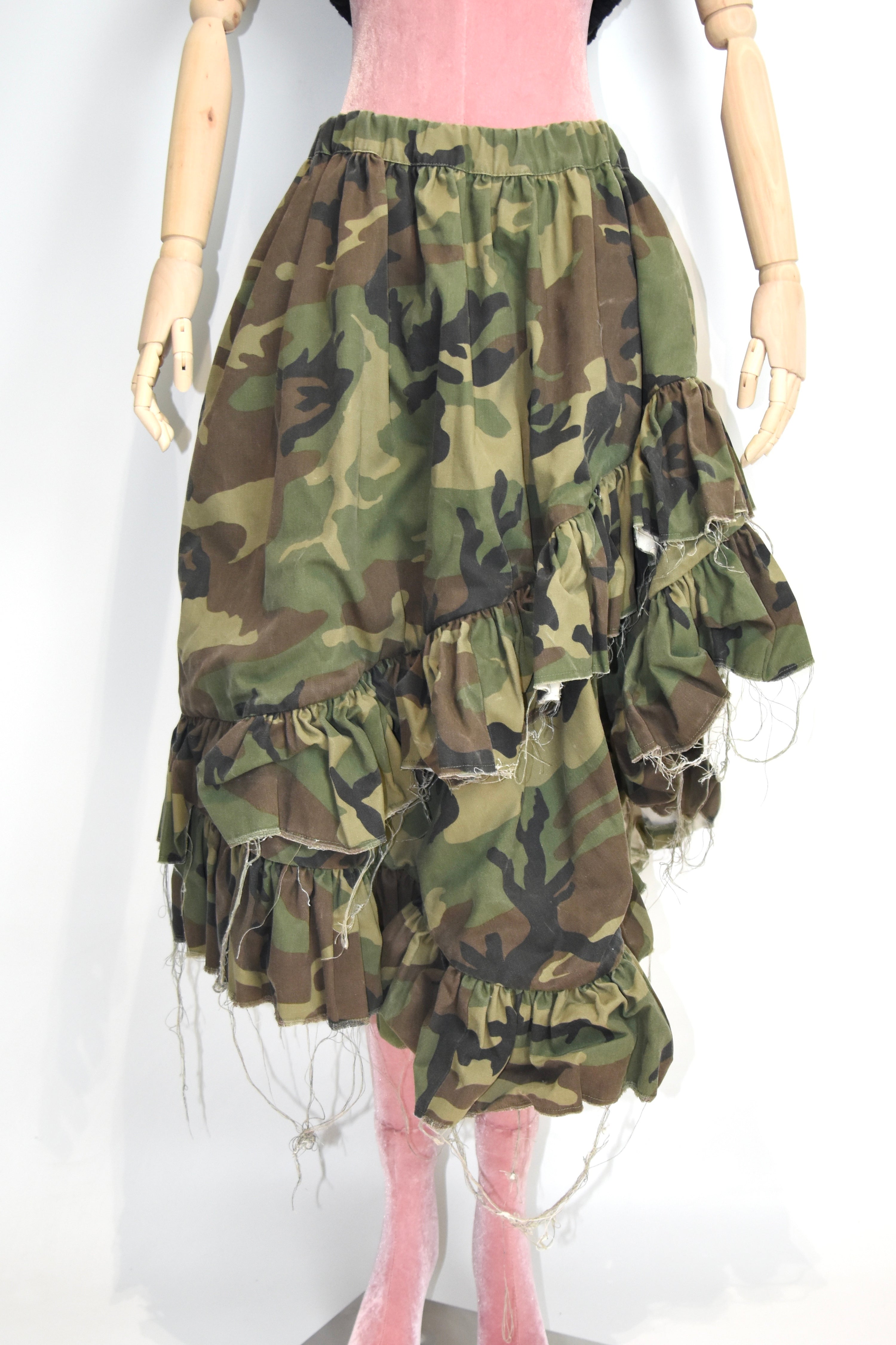 Vaquera Camouflage Ruffle Deconstructed Skirt – Asymmetric Frayed Hem, Made in USA, Elastic Waist (Fits S–M)