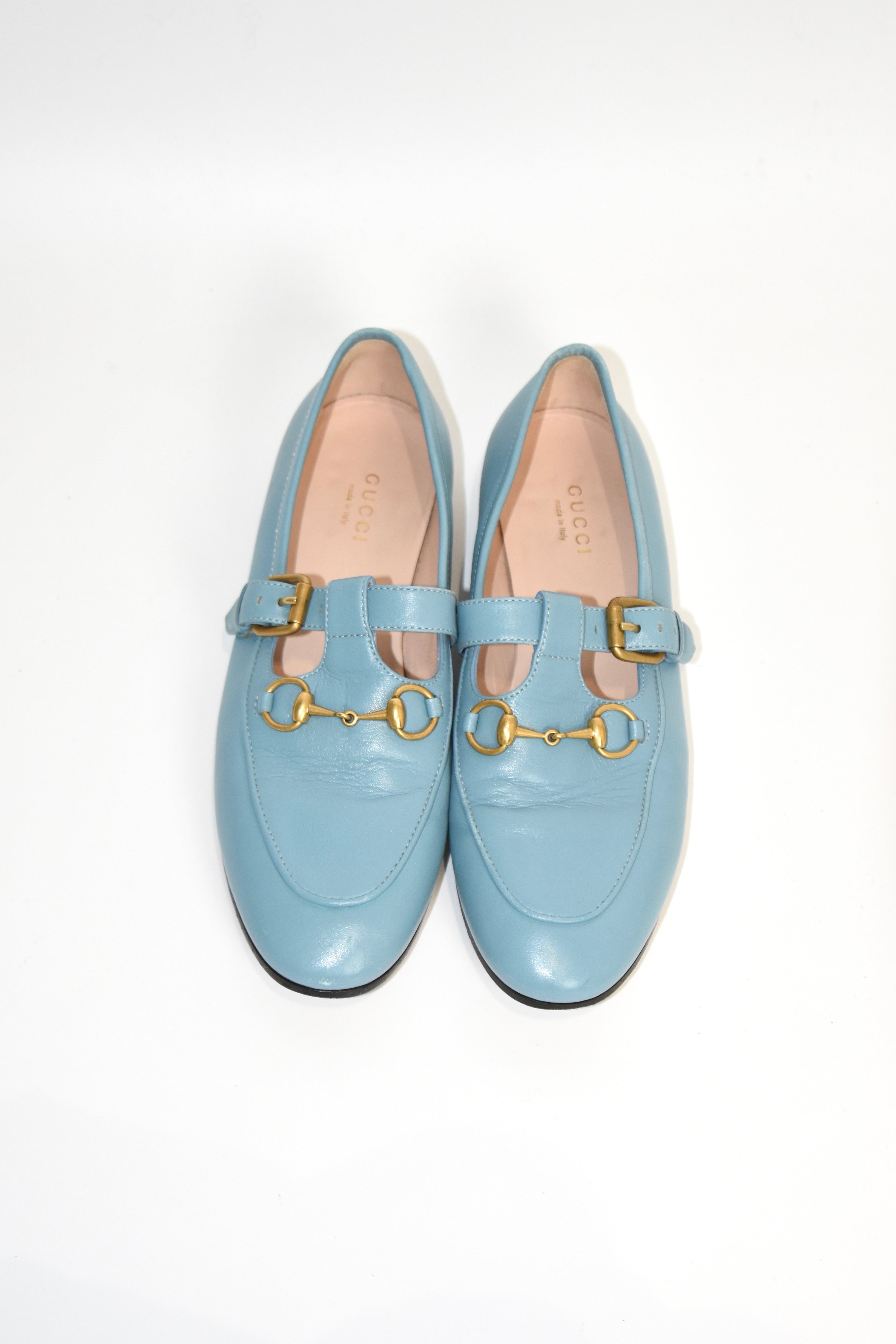 GUCCI Sky-Blue Leather Mary Jane Horsebit Loafers