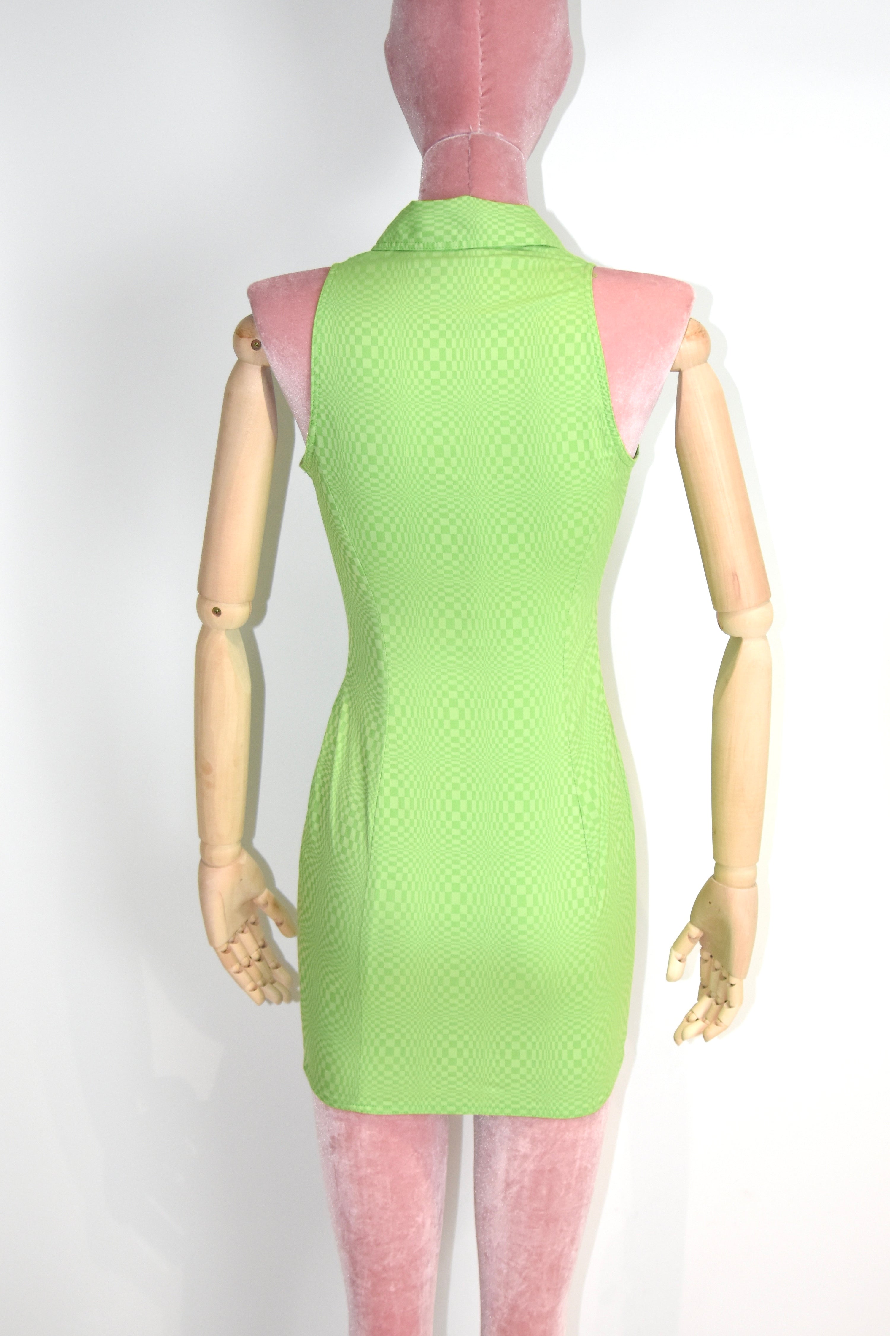 Versace Jeans Couture Green Checkered Zip-Up Sleeveless Mini Dress – Y2K Vintage Italy