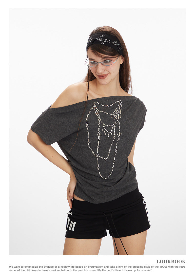 Off-shoulder design one-shoulder spicy short style T-shirt 2025 New summer short-sleeved off-shoulder top for women