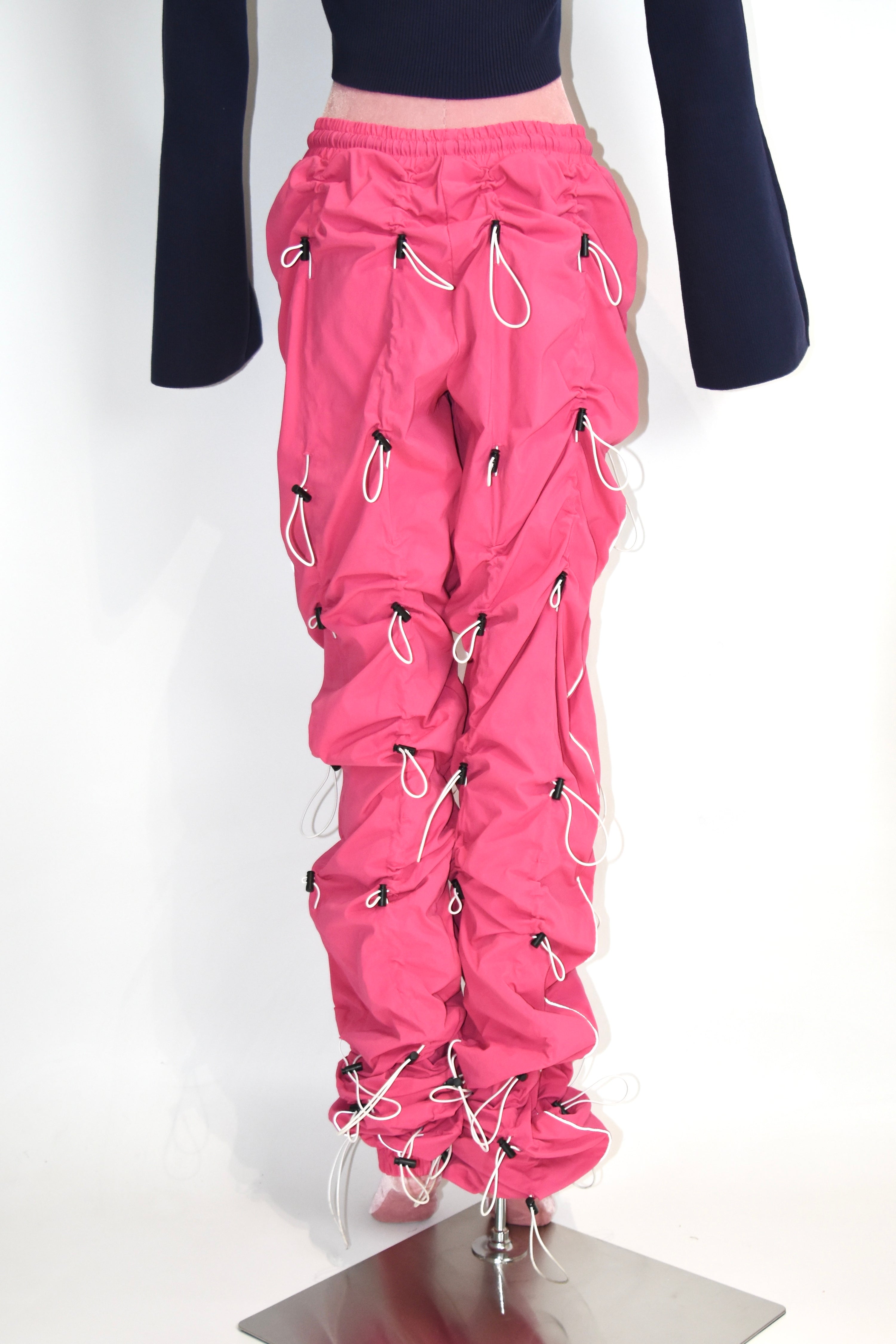 99%IS “Drawcord Ruched” Hot Pink Nylon Punk-Tech Pants – Unisex Korean Streetwear Archive Piece