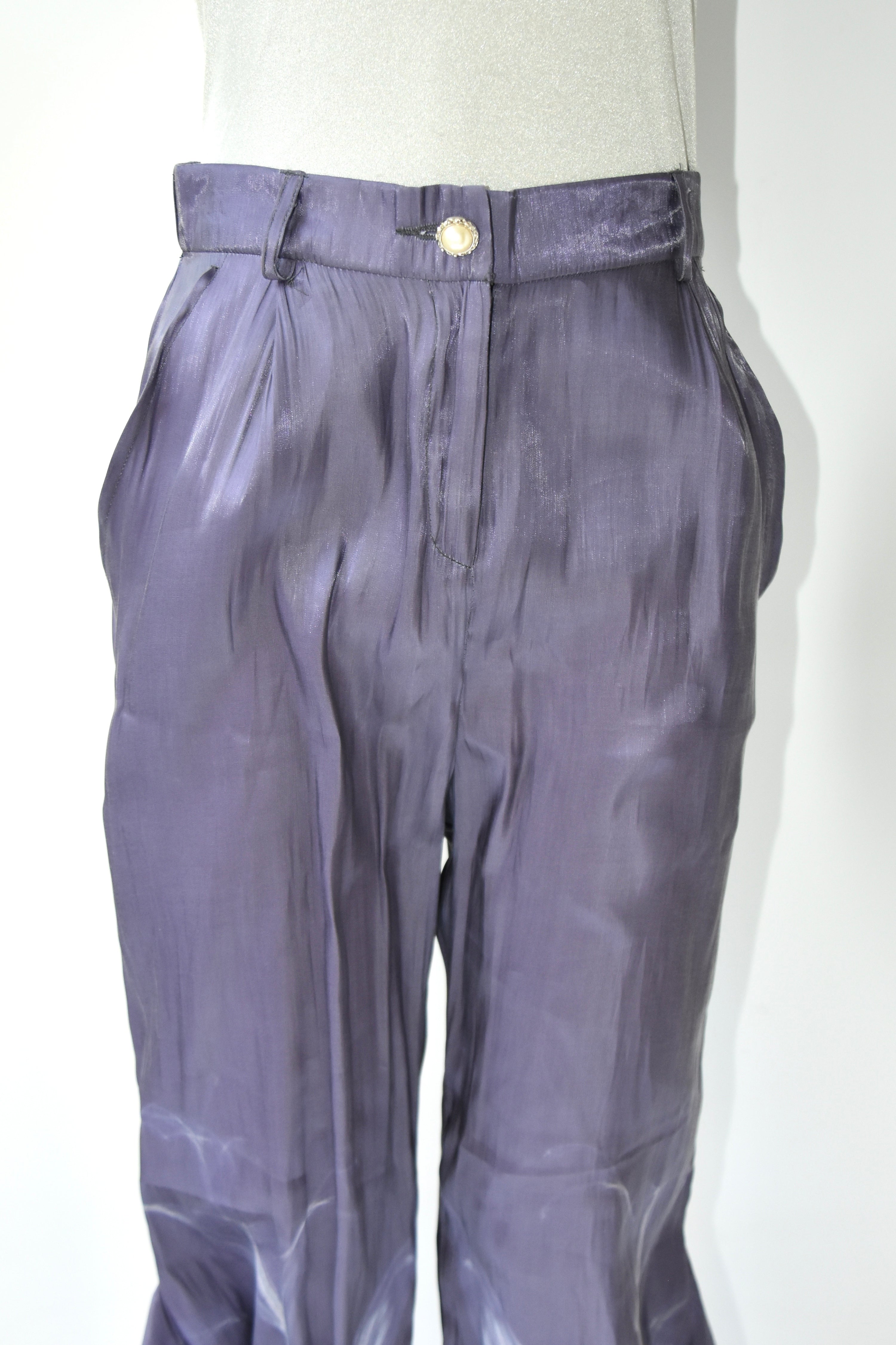 1200AM Purple Silk Lightning Print Flared Wide-Leg Trousers – Elastic Waist Statement Piece
