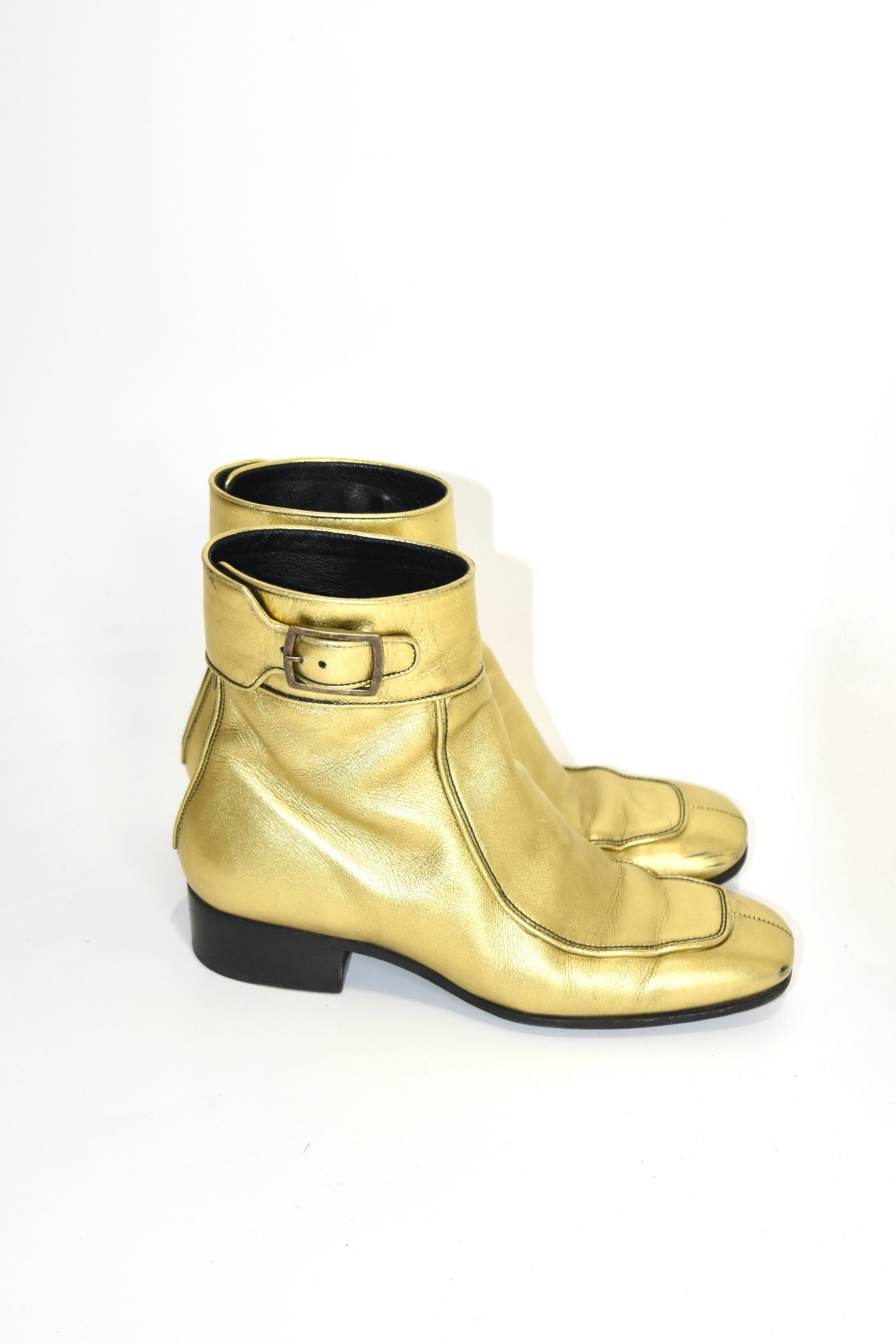 Saint Laurent Gold Sculpted Leather Ankle Boots