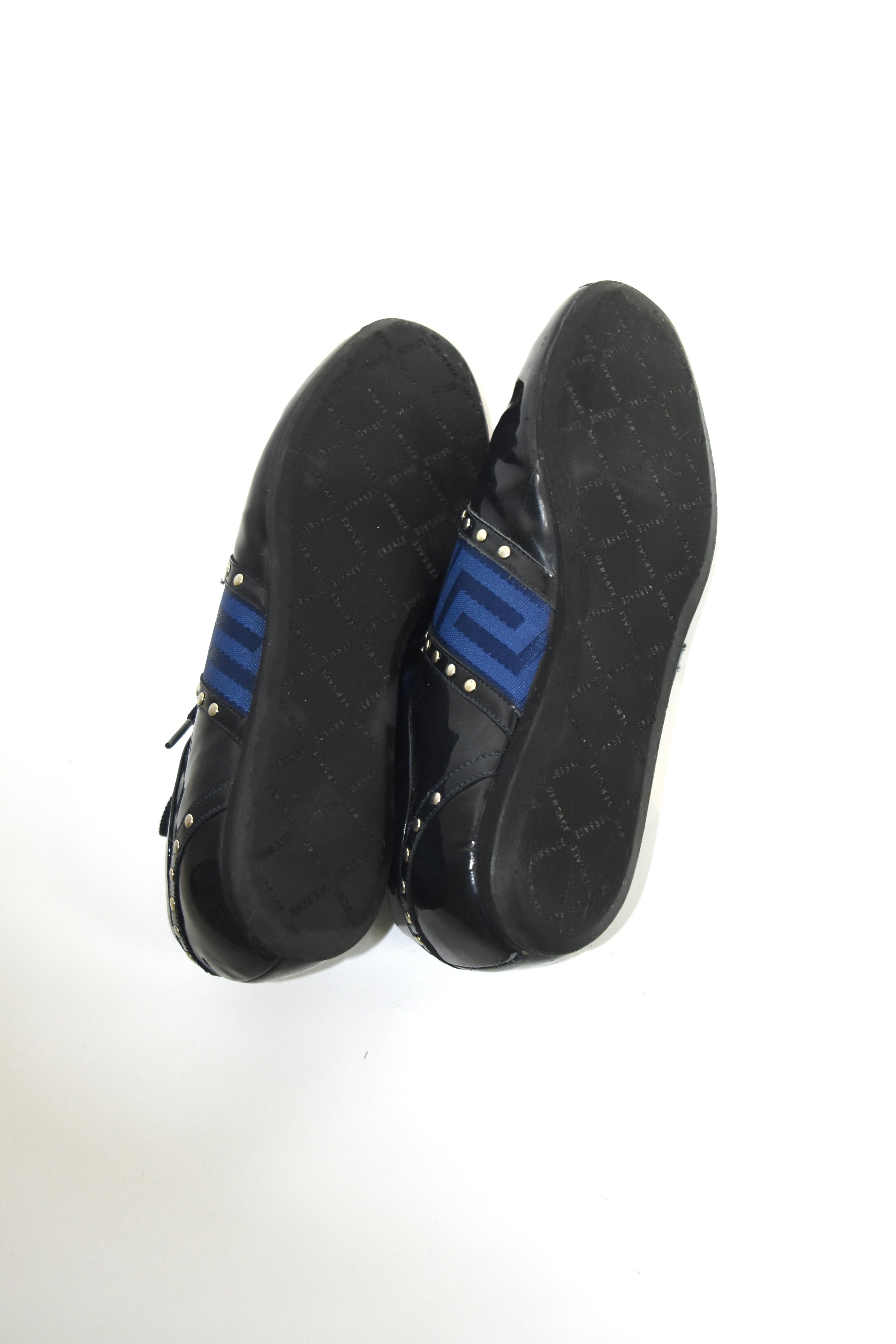 Versace Patent Leather Studded Lace-Up Sneakers – Size 37 (Made in Italy / Blue Greek Key / Archive)