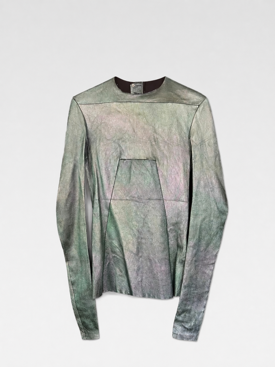 Rick Owens SS23 “EDFU” Iridescent Green Lamb Leather Fitted Panel Top with Back Zip Closure (Runway Look)