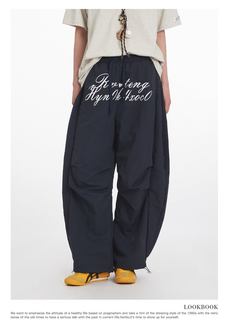 Men's Letter Print Pleated Casual Pants Women's Trendy Loose Cargo Wide-Leg Scimitar Pants