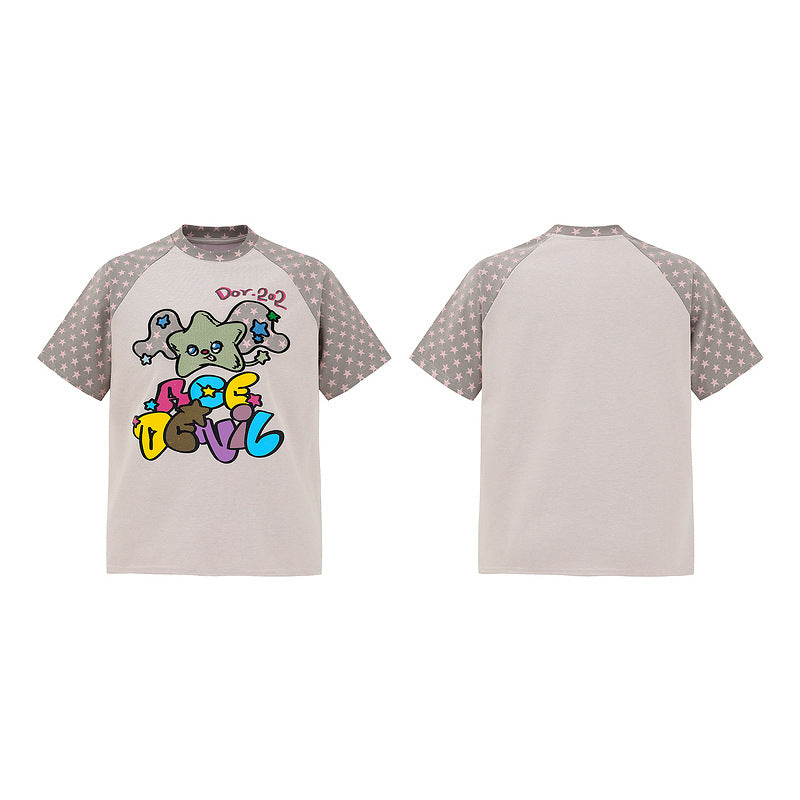 Light Brown Cartoon Print Pink Stars Short Sleeve Unisex Summer T-shirt