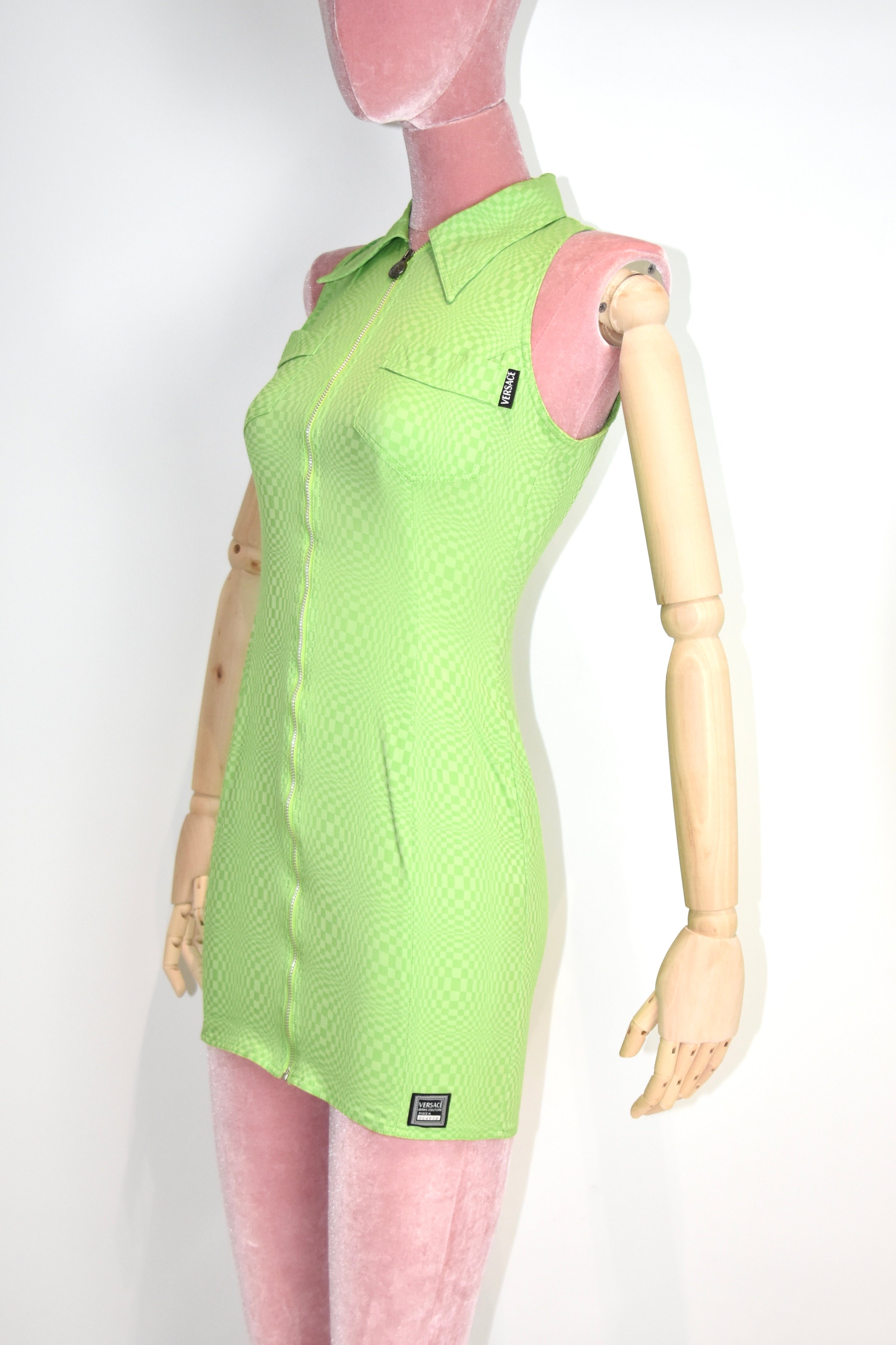 Versace Jeans Couture Green Checkered Zip-Up Sleeveless Mini Dress – Y2K Vintage Italy