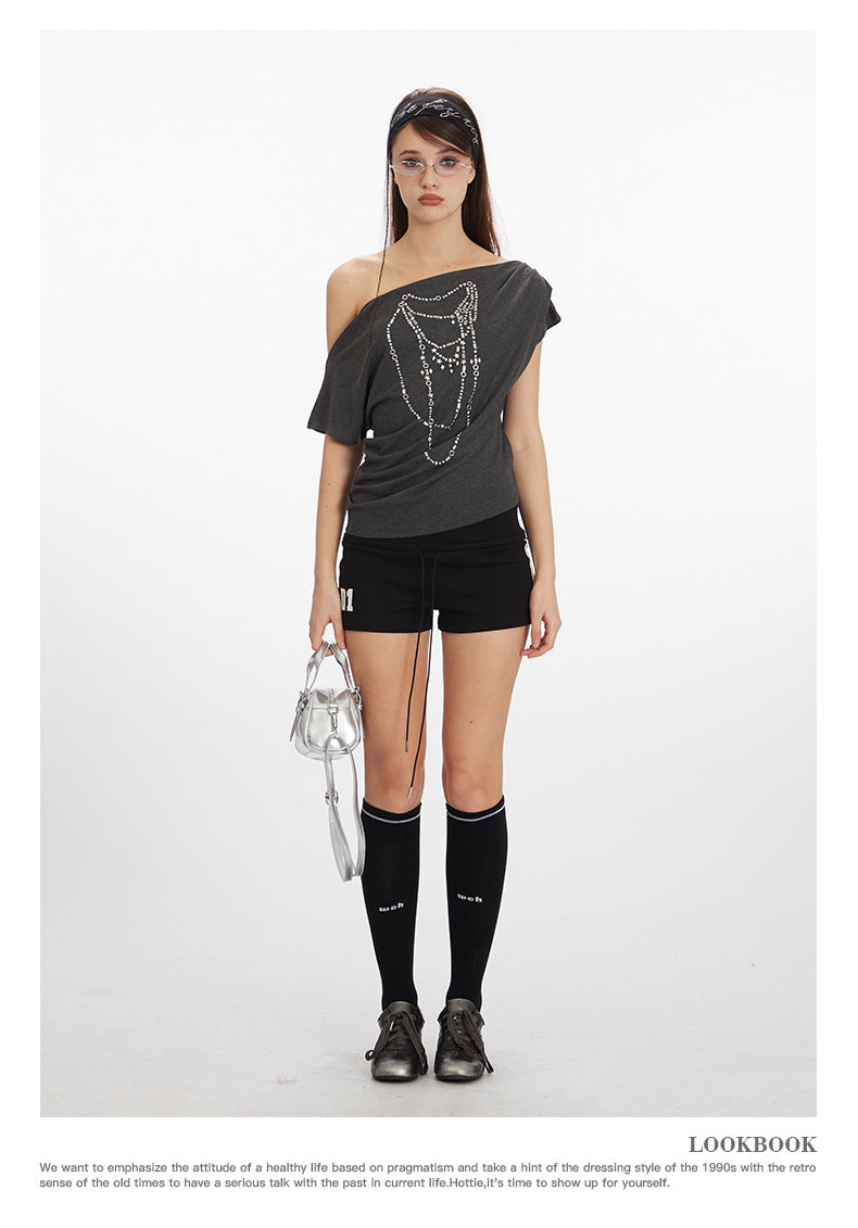 Off-shoulder design one-shoulder spicy short style T-shirt 2025 New summer short-sleeved off-shoulder top for women