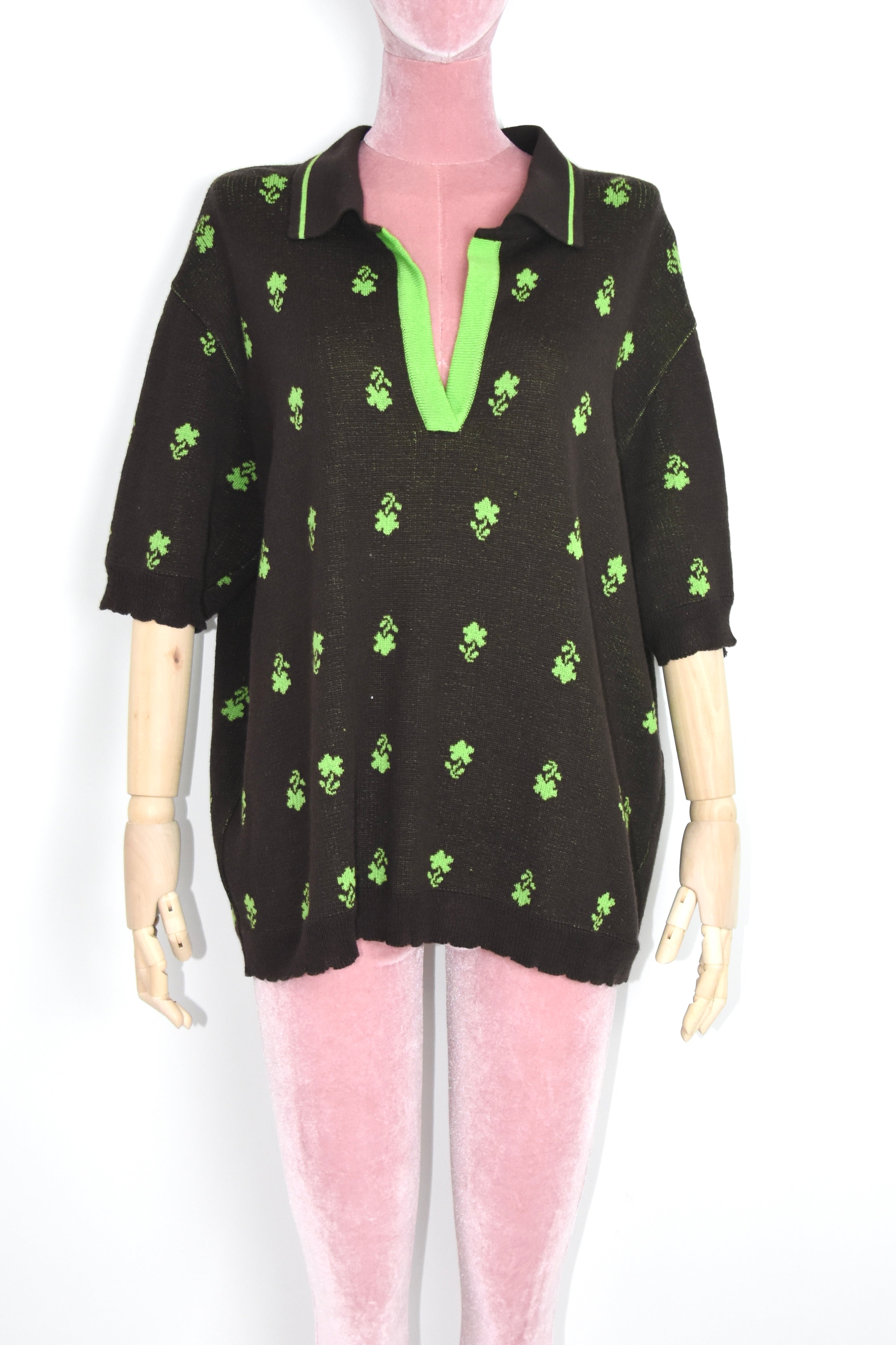 SKARULE Green Floral Jacquard Knit Polo Shirt