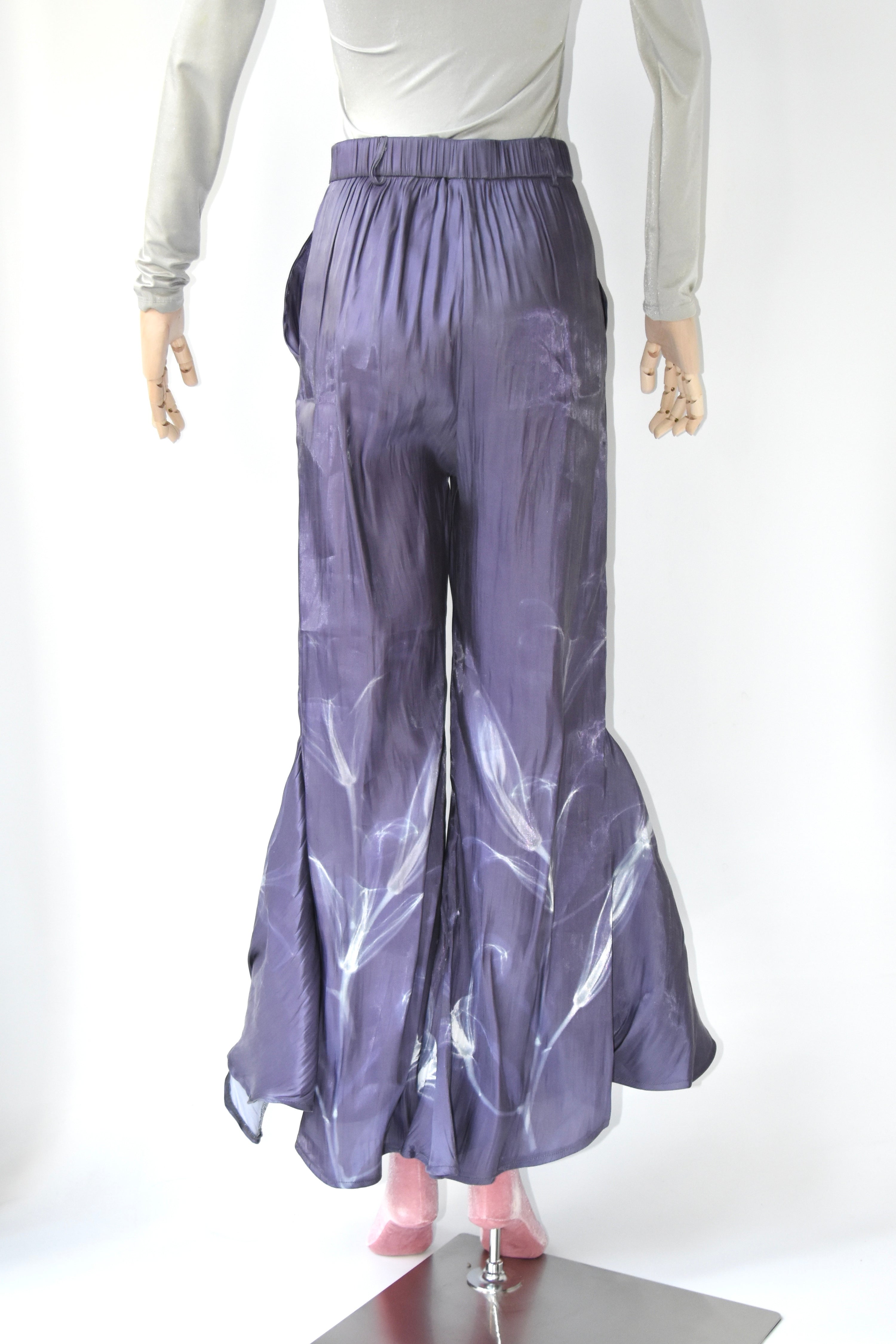 1200AM Purple Silk Lightning Print Flared Wide-Leg Trousers – Elastic Waist Statement Piece