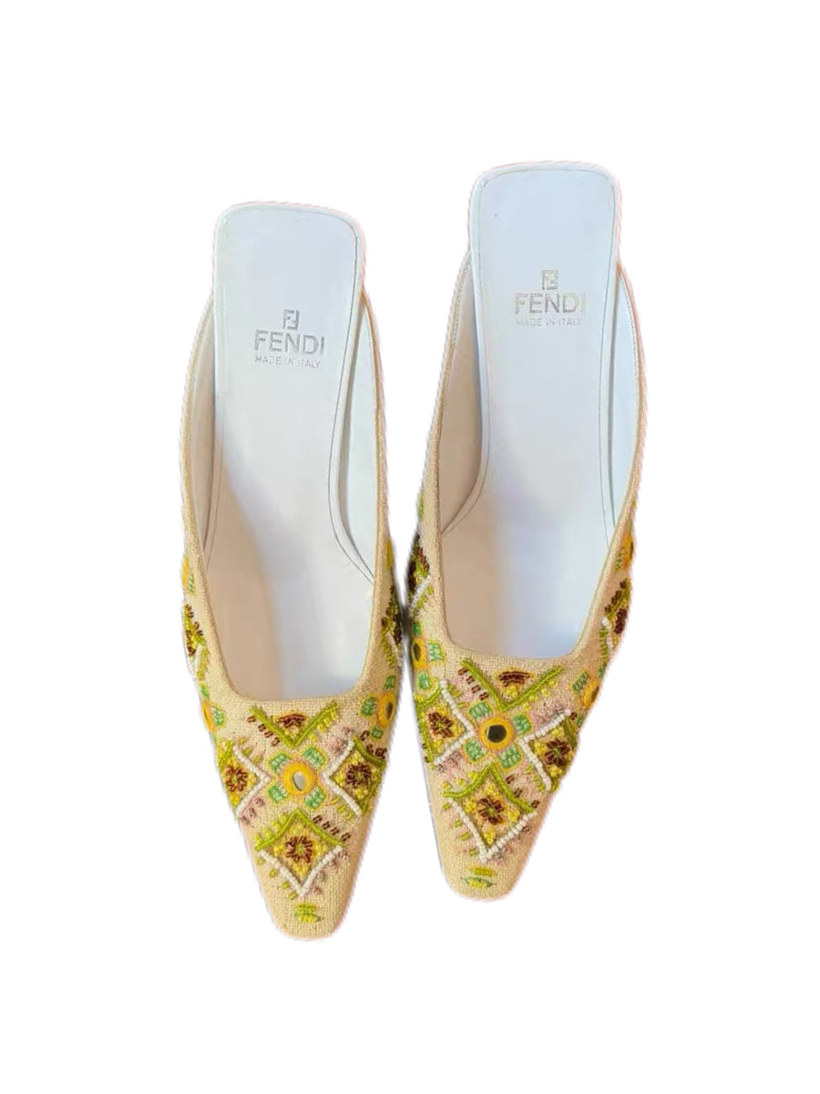 FENDI Vintage Beaded & Embroidered Pointed-Toe Slingback Heels