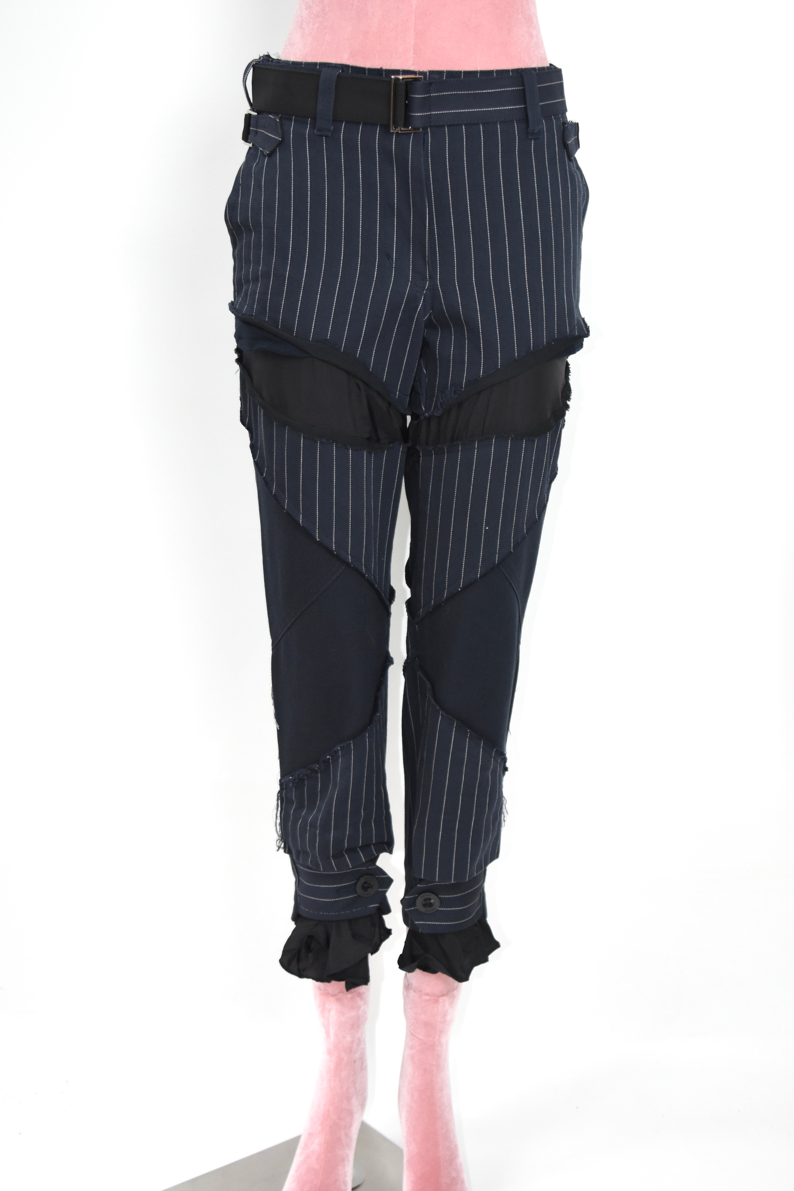 SACAI Hybrid Pinstripe Panel Deconstructed Pants – Model 18-03791 – Size 0 (Runway Construction / Japan Made)